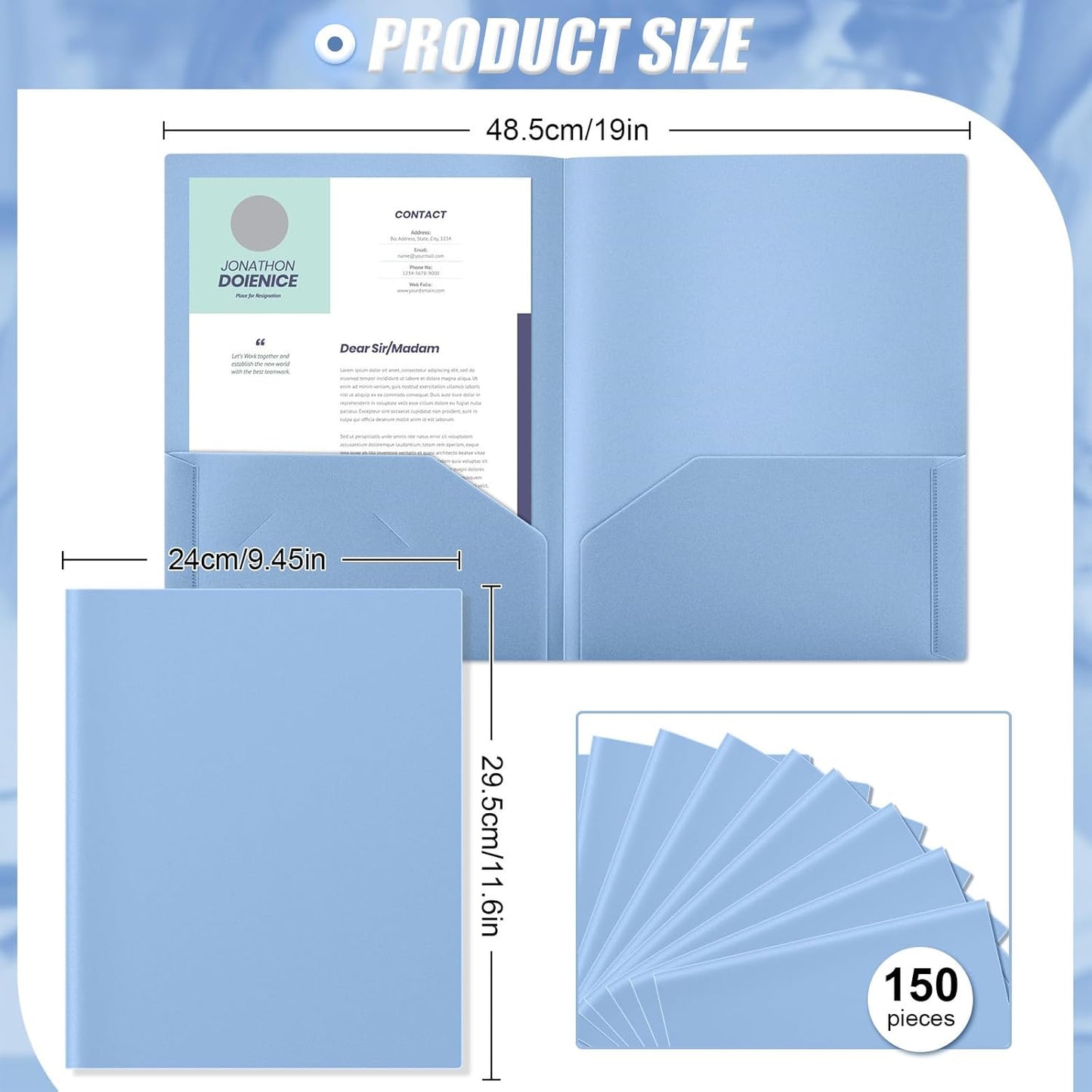 Gueevin 150 Pcs Plastic Folders with Pockets, Two Pocket Folder Fit 8.5 x 11 Inch Letter Size Paper, Heavy Duty School Folders Business Card Holder for Home Office School Bussiness (Haze Blue)