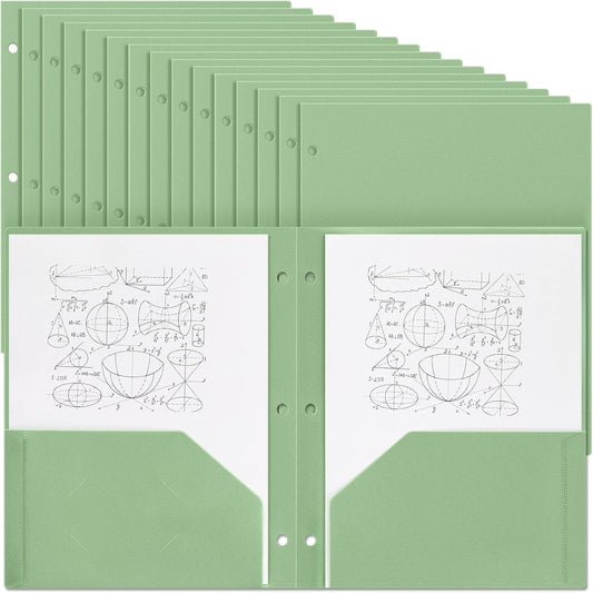 Yeaqee 50 Pcs Plastic Folders with Pockets Bulk 3 Hole Punched 2 Pocket File Folders for 3 Ring Binder Divider Folder for Notebooks, Durable Poly for Office Home (Sage Green)