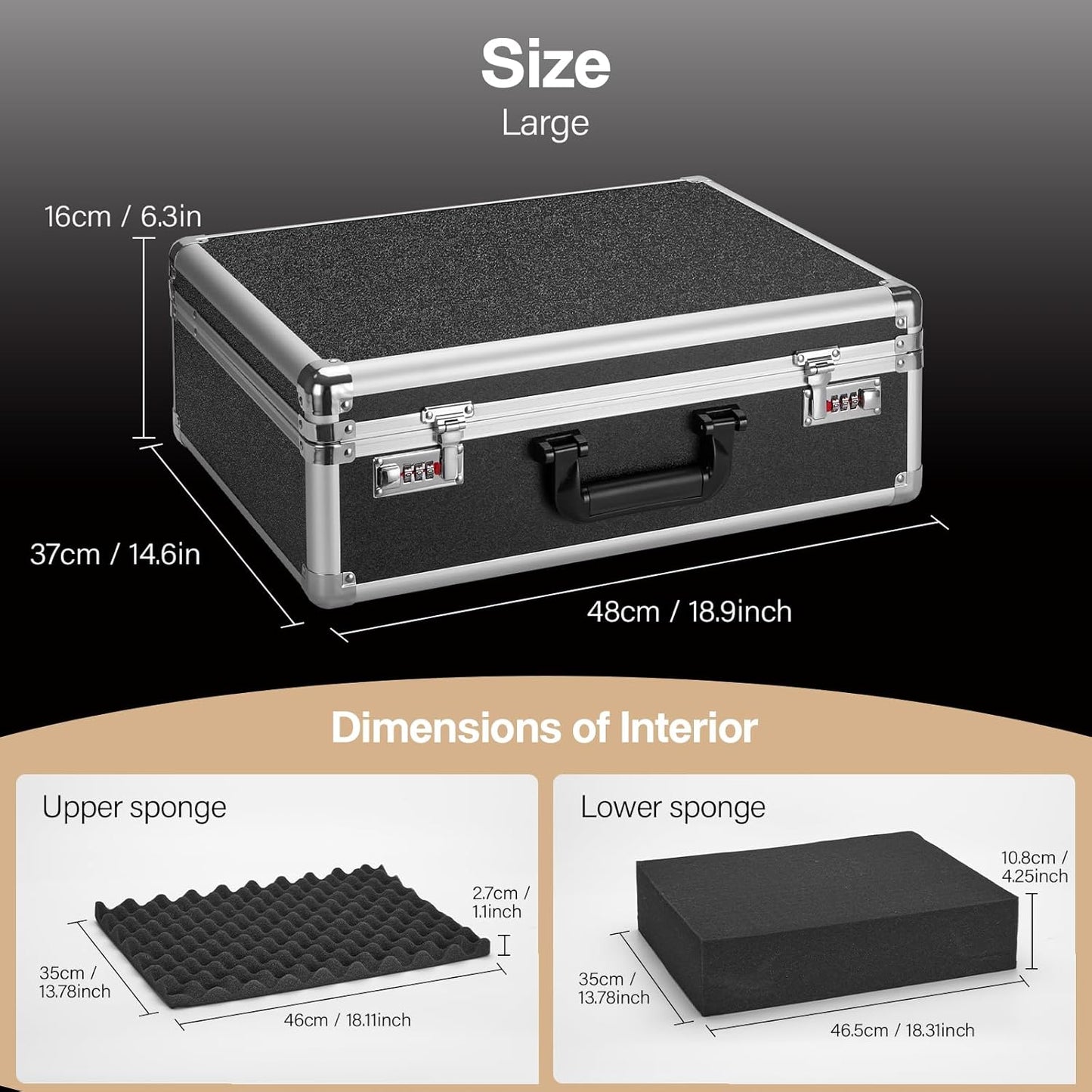 Combination Lock Box - Locking Storage Case with Customizable Foam, 18.9" Portable Lockable Case for Personal Items, Valuables, Documents, Briefcase for Jewelry, Cash, Medications, Black