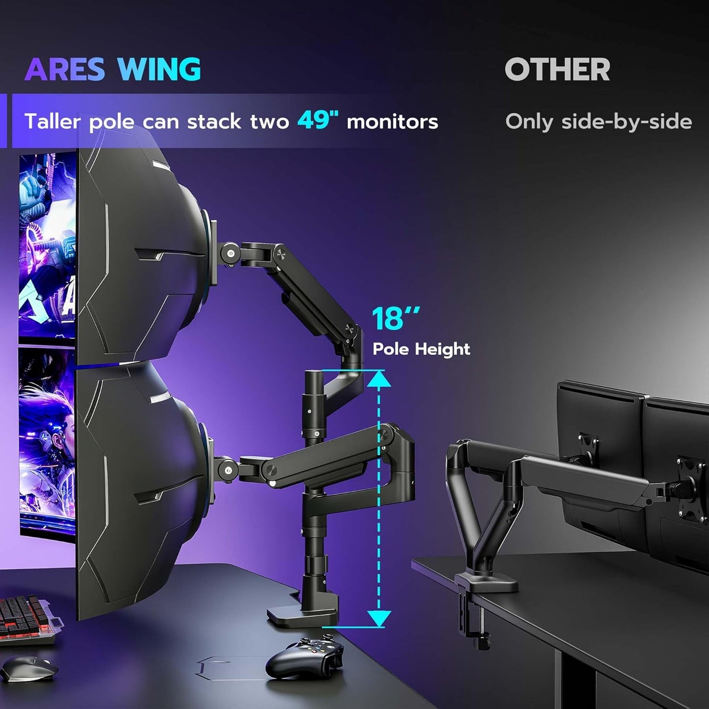 ARES WING Dual Monitor Arm Desk Mount for 17-49 Inch Ultrawide Monitors, Heavy Duty Dual Monitor Mount Holds 44 lbs, Full Motion Gas Spring Vertical Stacked Monitor Mount, 75/100 VESA Mount, Black