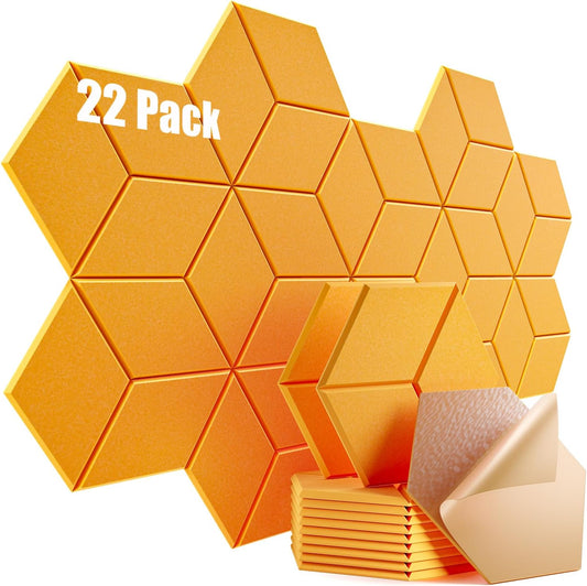 22 Pack Self-adhesive Acoustic Panels 12" X 10" X 0.4" - Sound Proof Foam Panels with High Density, Y-Lined Design, Flame Resistant, Absorb Noise and Eliminate Echoes(Orange Yellow)