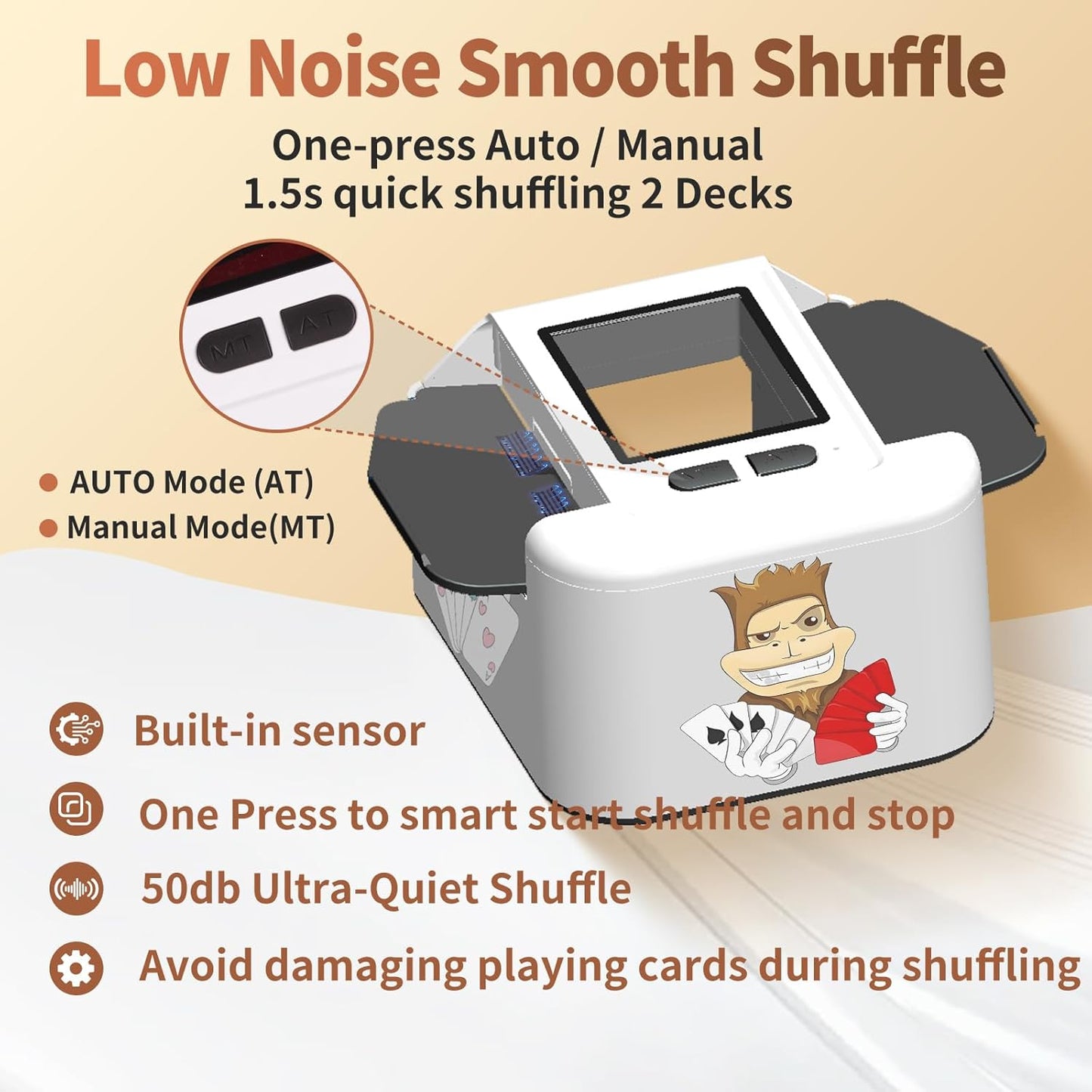 Rechargeable Automatic Card Shuffler 2 Decks, 2000 mAh Built in Battery USB-C Charge, Low Noise Fast Shuffler, Smart Auto Shuffler for UNO Poker Skip-Bo Canasta Texas Hold'em Skyjo