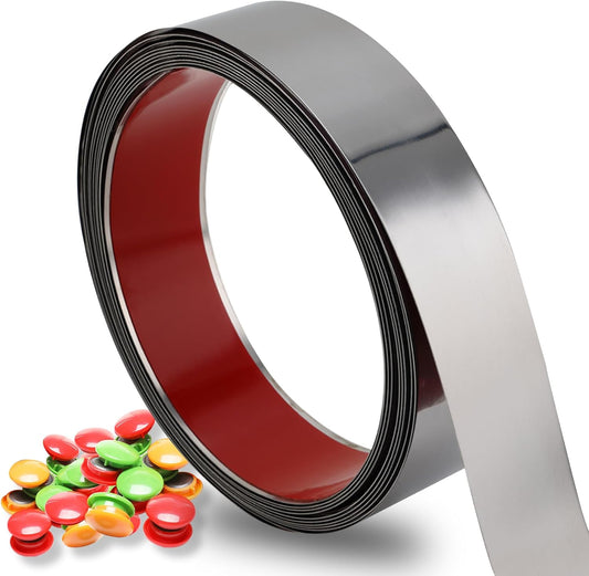 Flexible Self Adhesive Metal Strip for Magnet, Strong Peel and Stick Ferrous Tape Roll with 50pcs Magnets for Workshop, Office, School and Home Decoration (Shiny Silver, 16.4ft x 1.6inch)