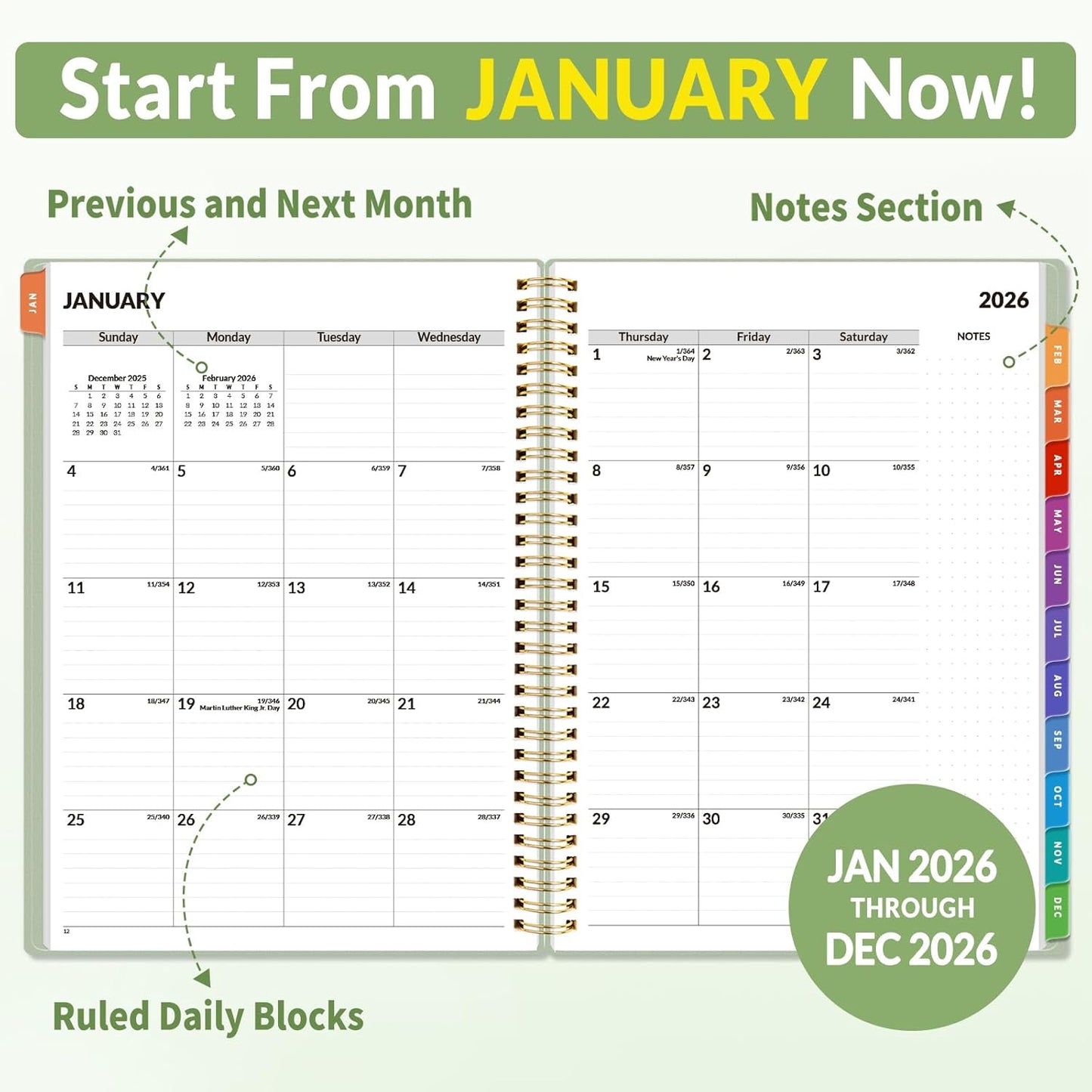 SUNEE 2026 Appointment Book, Quarter-Hourly, Weekly & Monthly - from January 2026 - December 2026, 8.5"x11" Weekly Planner, Flexible Cover, Note Pages, Pockets, Bookmark, Spiral Binding, Green