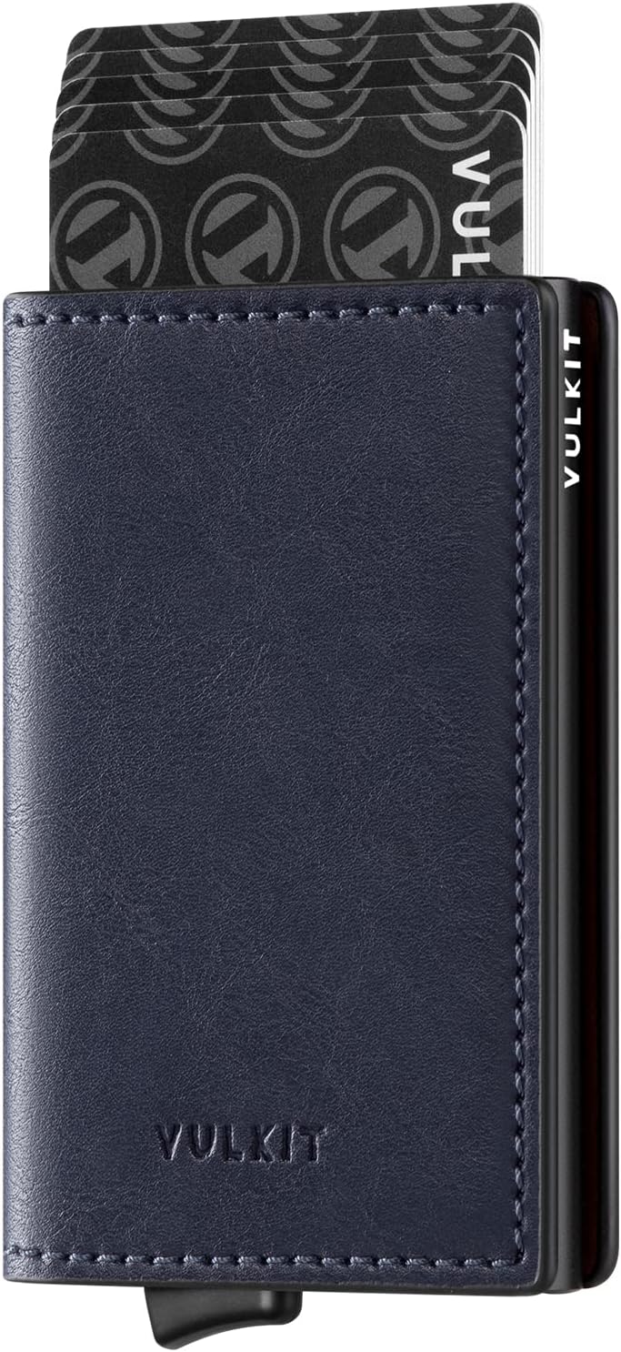 VULKIT Credit Card Holder RFID Blocking Leather Automatic Pop Up Wallet Aluminum Slim Pocket Business Card Case