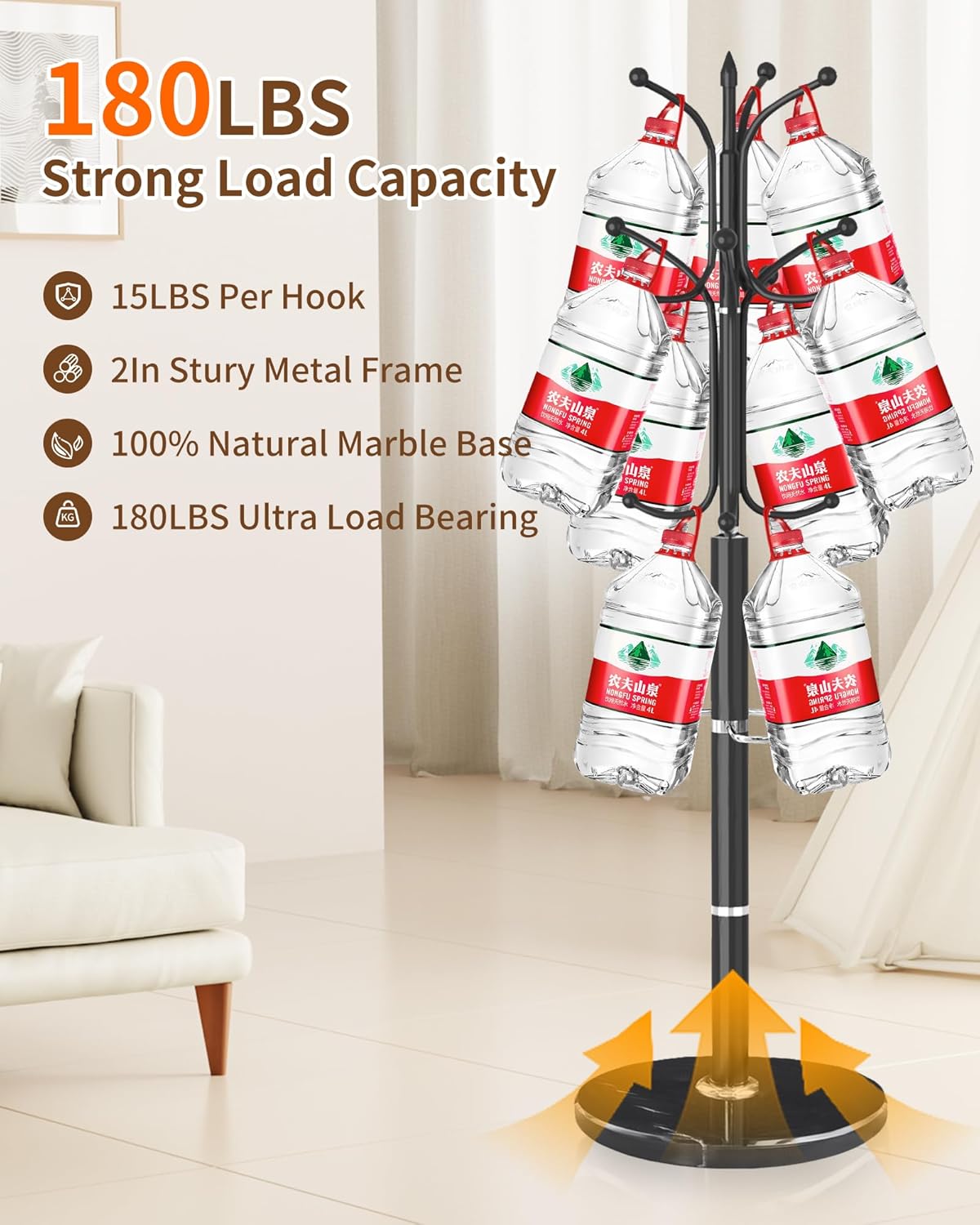 EZIVIEZ Modern Coat Rack Stand, Metal Freestanding Coat Rack with Natural Marble Base, Heavy-Duty Coat Racks with Umbrella Holder,Black Coat Hanger Stand with 12 Hooks for Office, Entryway, Hallway