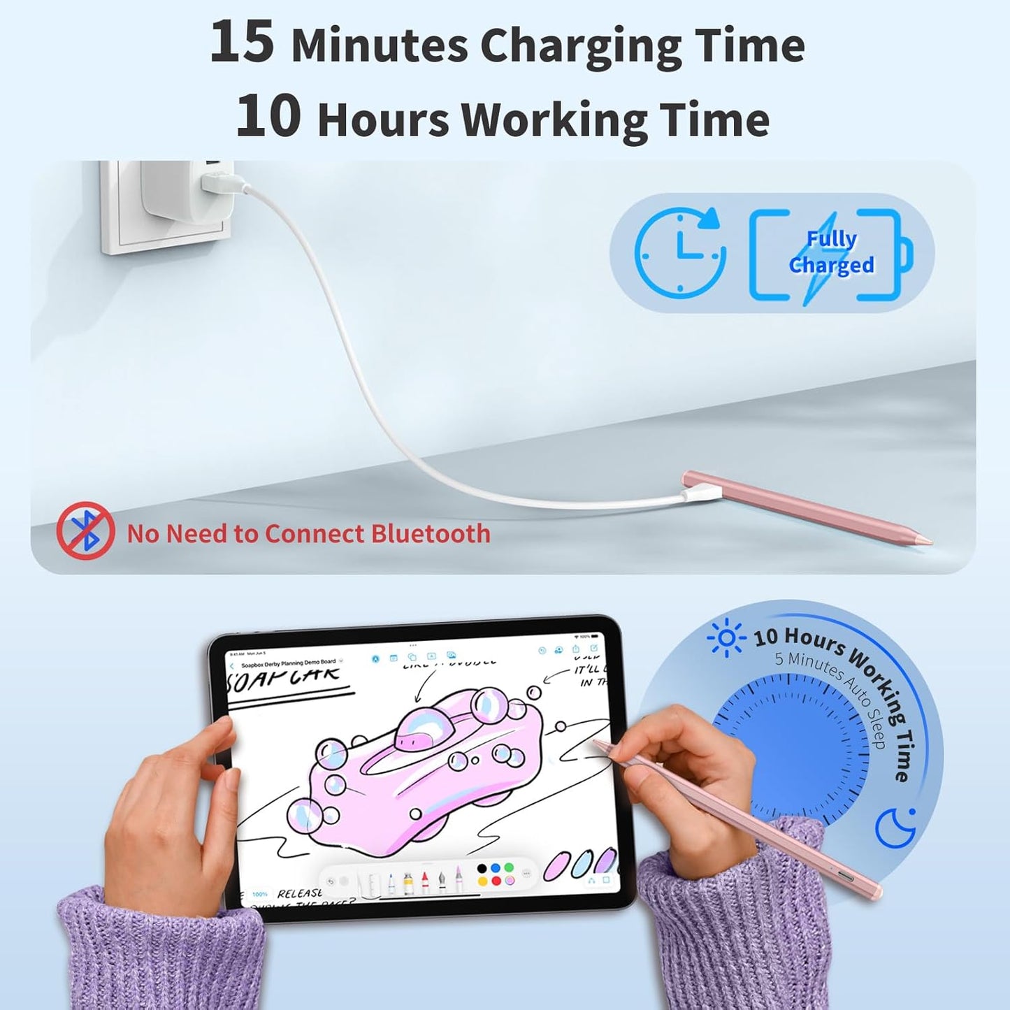 Stylus Pen for iOS&Android Touch Screens, Active Pencil for Samsung, Smart Digital Stylus Pens for Lenovo/Huawei/Vivo/Mi Tablets, iPhone/Google Pixel Smart Phones Drawing&Writing (Rose Gold)