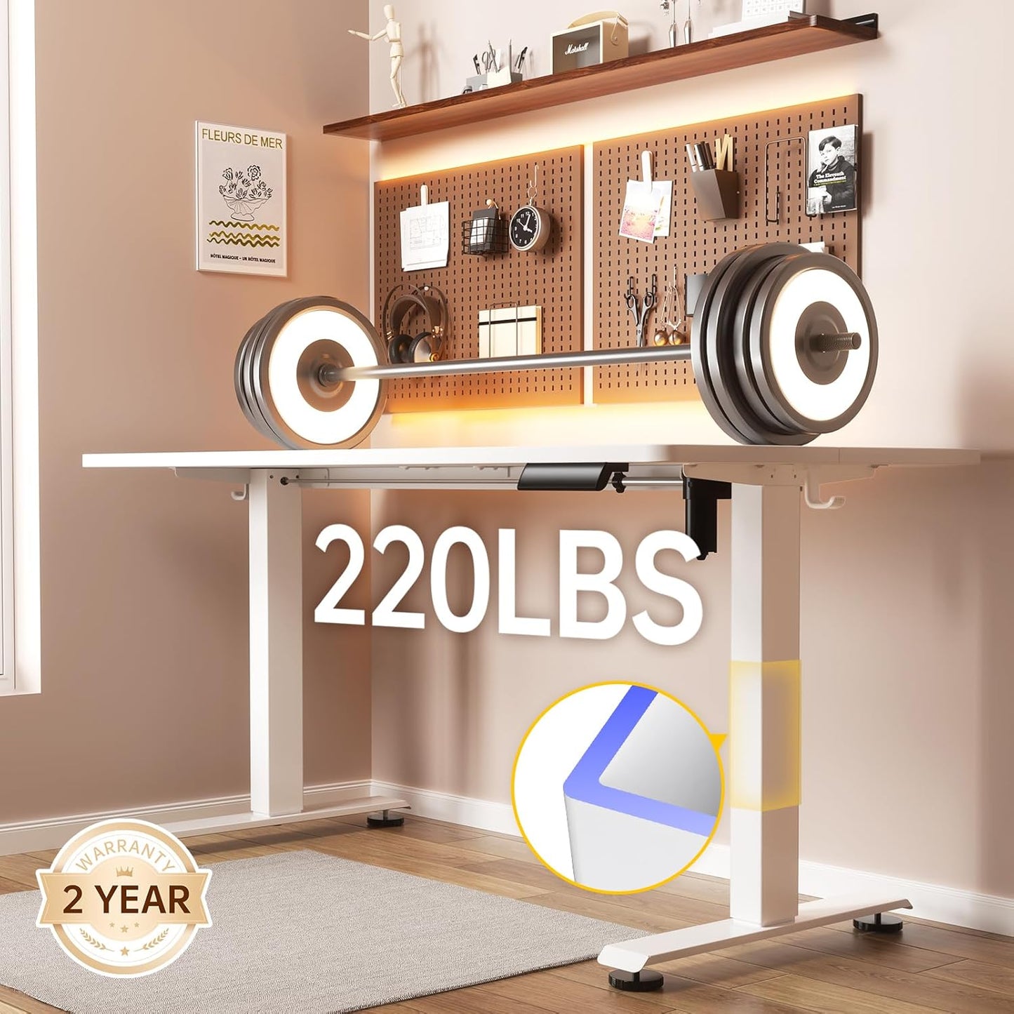 Veken 47.2 Inch Large Electric Standing Desk, Heights Adjustable, Sit to Stand Up, Work Home Office Computer Table for Study, Walking Pad, Writing, and Games, Wooden Desktop Desks, White