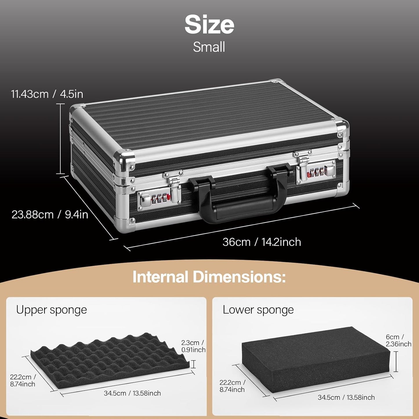 Combination Lock Box - Locking Storage Case with Customizable Foam, 14.2" Portable Lockable Case for Personal Items, Valuables, Documents, Briefcase for Jewelry, Cash, Medications, Black