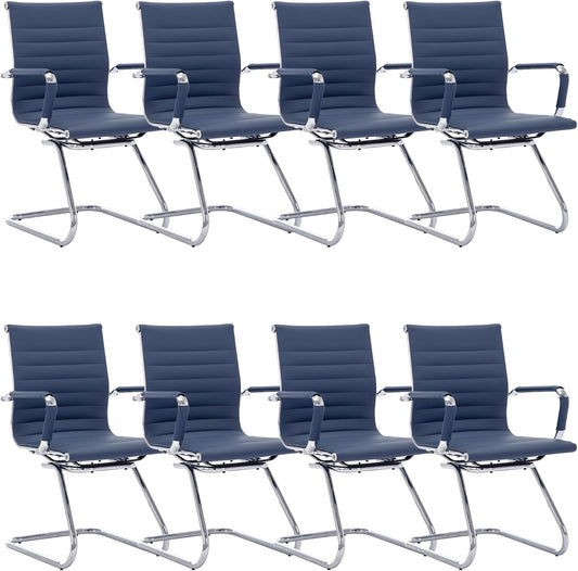 Office Desk Chair Set of 8,No Wheels PU Leather Computer Chairs Mid Back Guest Chairs with Seld Base for School/Reception/Conference/Waiting Room,Navy Blue