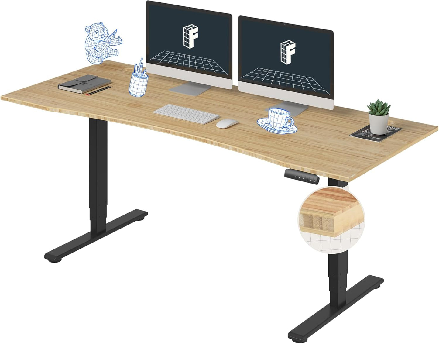 FLEXISPOT E6 Essential Bamboo 3 Stages Dual Motor 72x30 Inch Electric Height Adjustable Standing Whole-Piece Board Desk Sit Stand Up Desk (Black Frame + Bamboo Curved Desktop)