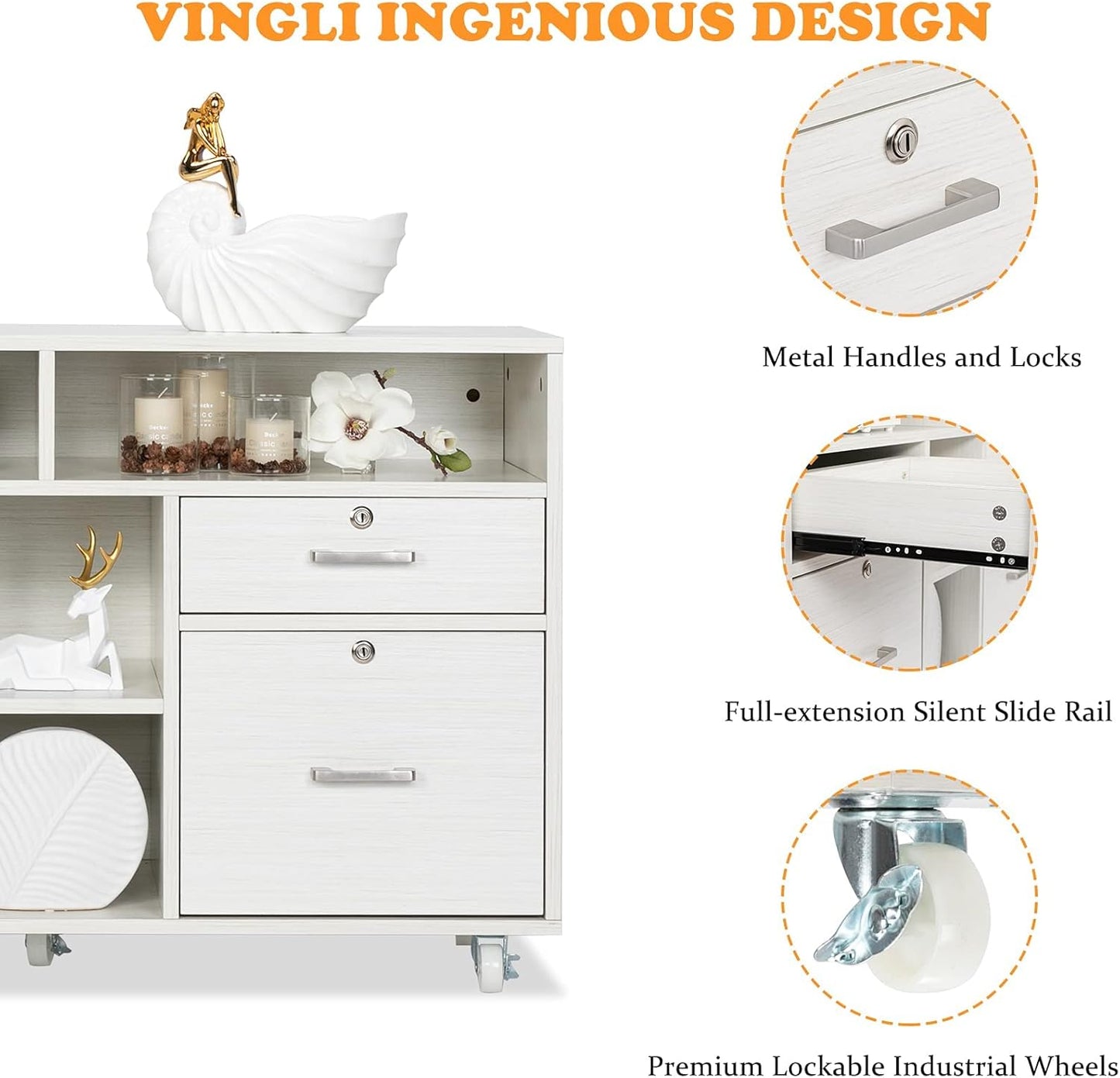 VINGLI Wood Mobile File Cabinet with 4 Drawers and Shelves, Printer Stand with Open Storage, Lockable Lateral Filing Cabinet for Home Office, Assembly Required, Light Beige Close to White