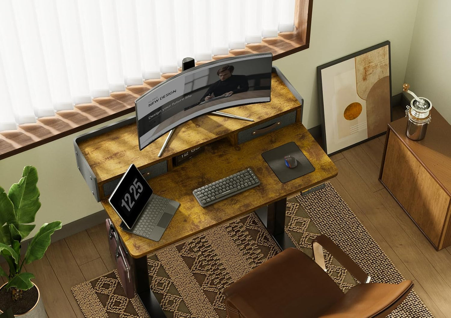 Claiks Standing Desk with Drawers, Adjustable Stand Up Electric Small Standing Desk Adjustable Height with Storage Shelf and Splice Board, 40 Inch, Rustic Brown