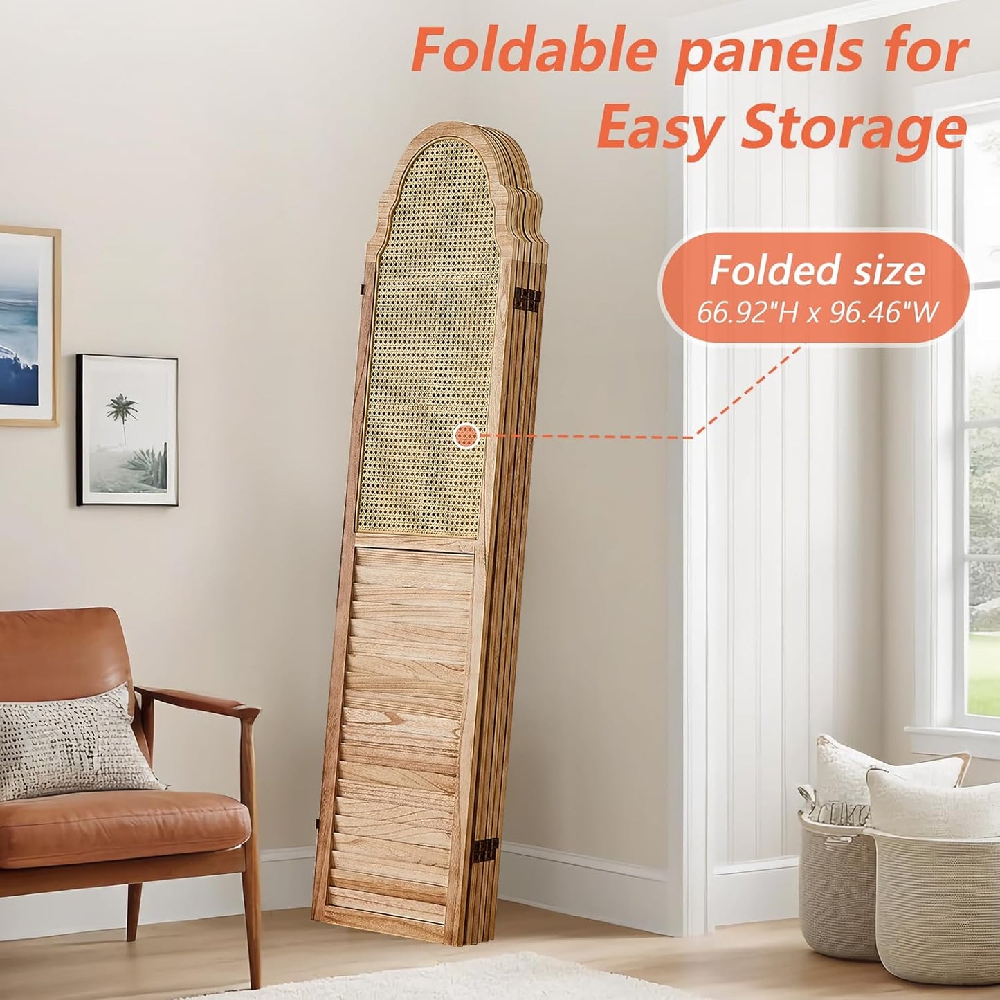 6 Panel Rattan Folding Screen Room Divider, Privacy Dividers for Rooms, Louvered Partition Dividers, Room Divider Panel for Bedroom, Dressing Room, Balcony, Light Brown