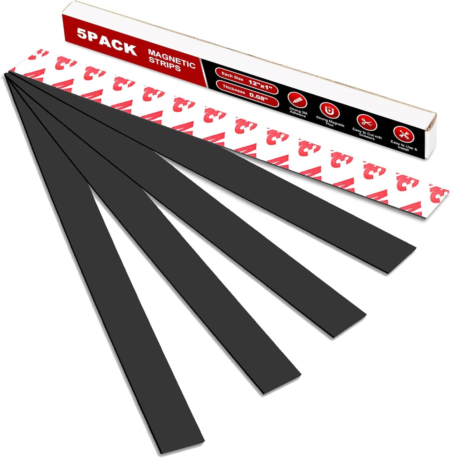 Thaibear Magnetic Strip, Flexible Magnetic Strips with Adhesive Backing (5 Pack, 12" x 1") Strong Sticky Magnetic Tape for Kitchen, Garden - Magnet Tape Strip Holder Strip for Wall