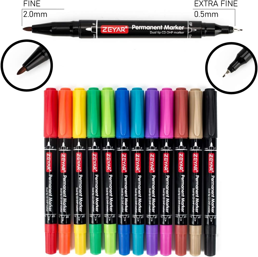 ZEYAR Twin Tip Permanent Markers, CD/DVD Markers, 12 Color, Ultra Fine Point and Fine Point for Signature and Marking (12 Colors)