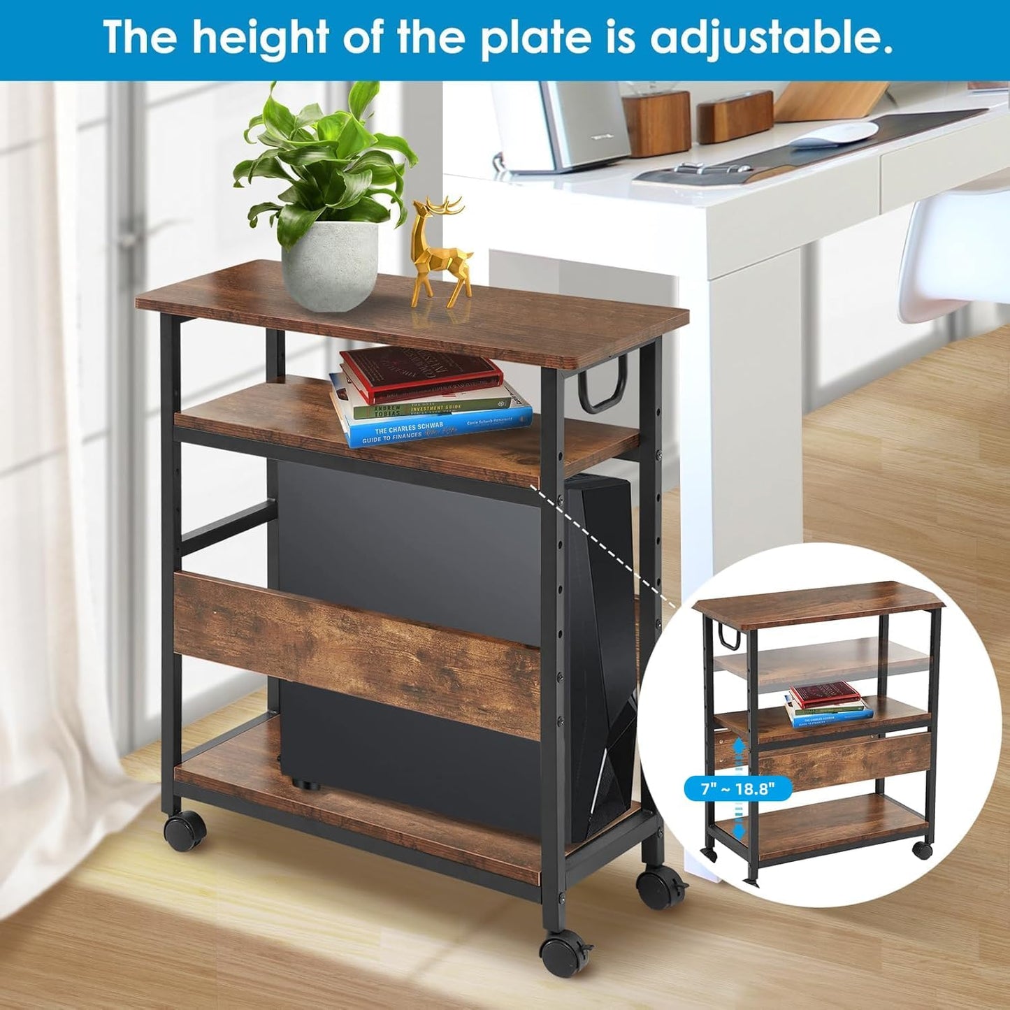 Computer Tower Stand Under Desk, Computer Tower and Printer Stand, Computer & Machine Carts, 3-Tier Computer Tower Floor Stand with Side Shelf, Wood and Metal Printer Table for Home Office