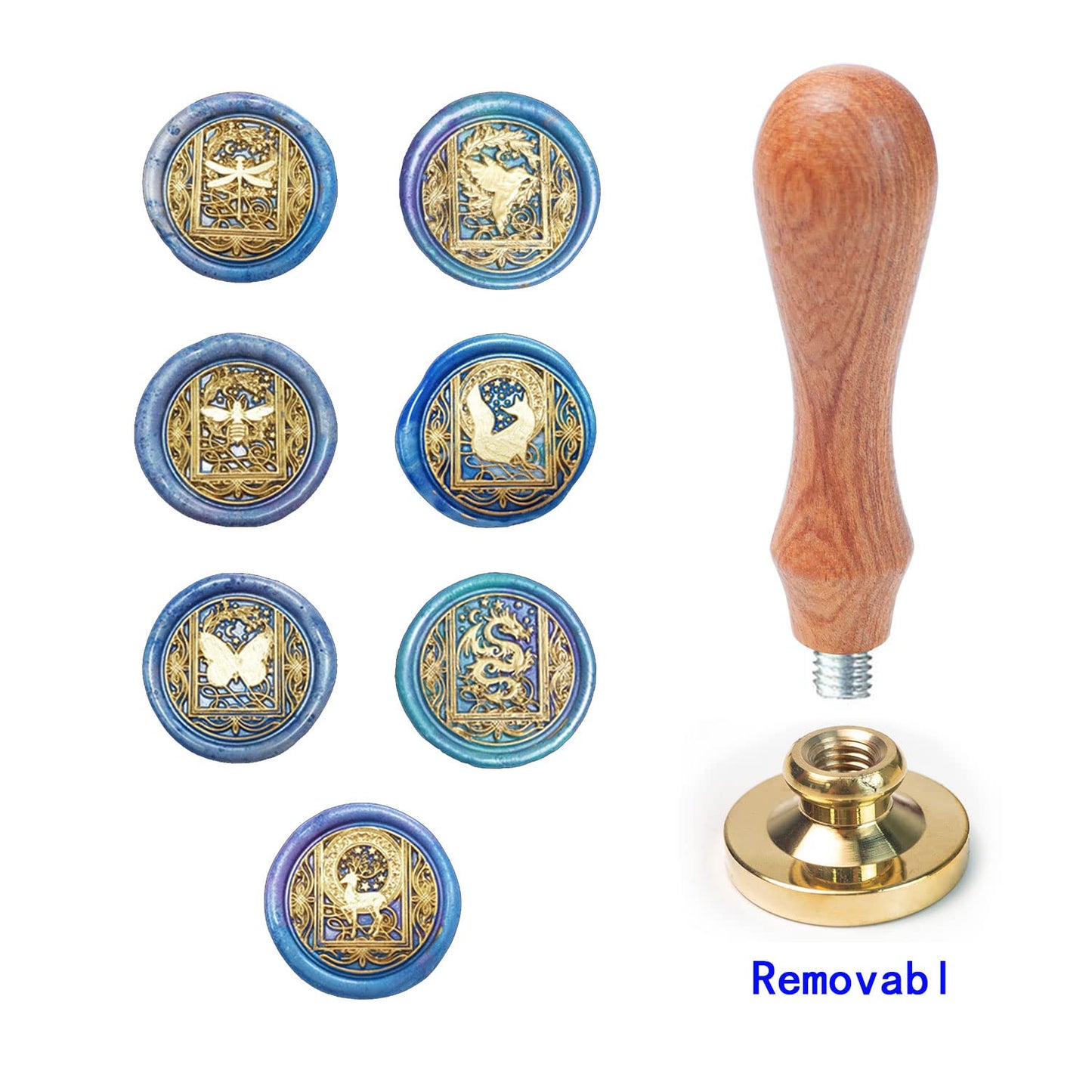 Animal Wax Seal Stamp Set with 7 Removable Brass Heads and 1 Wooden Handle - Starry Butterfly Dragonfly Bee Dragon Sealing Wax Stamp for Cards Invitations