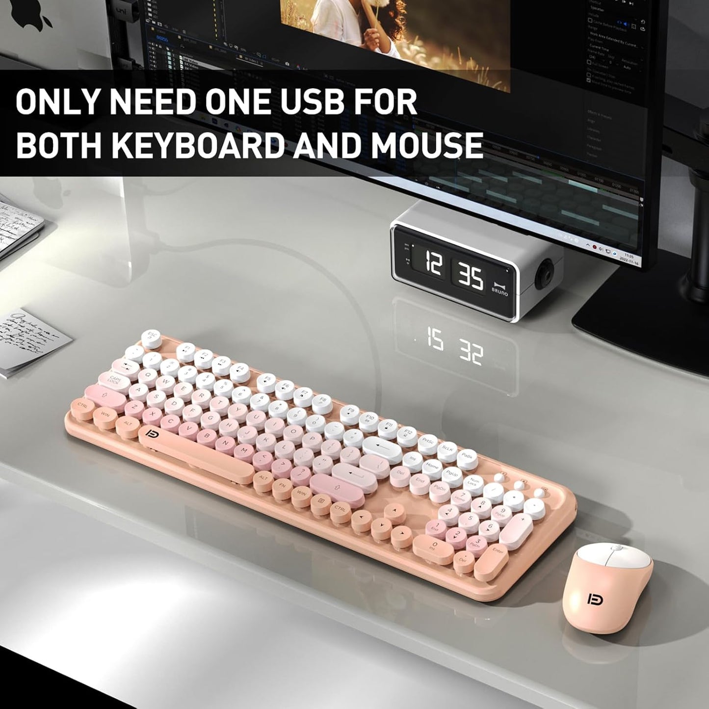 Keyboard and Mouse Wireless,2.4Ghz Retro Typewriter Style Round Keycap,Full Size Wireless Keyboard Mouse Combo,Cute Cordless Keyboard Mouse Set for PC Laptop Desktop Computer-Pink Orange Colorful