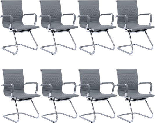 Office Guest Chairs - Set of 8 Mid Back, Modern PU Leather Desk Chairs for Reception & Conference Rooms, Grey