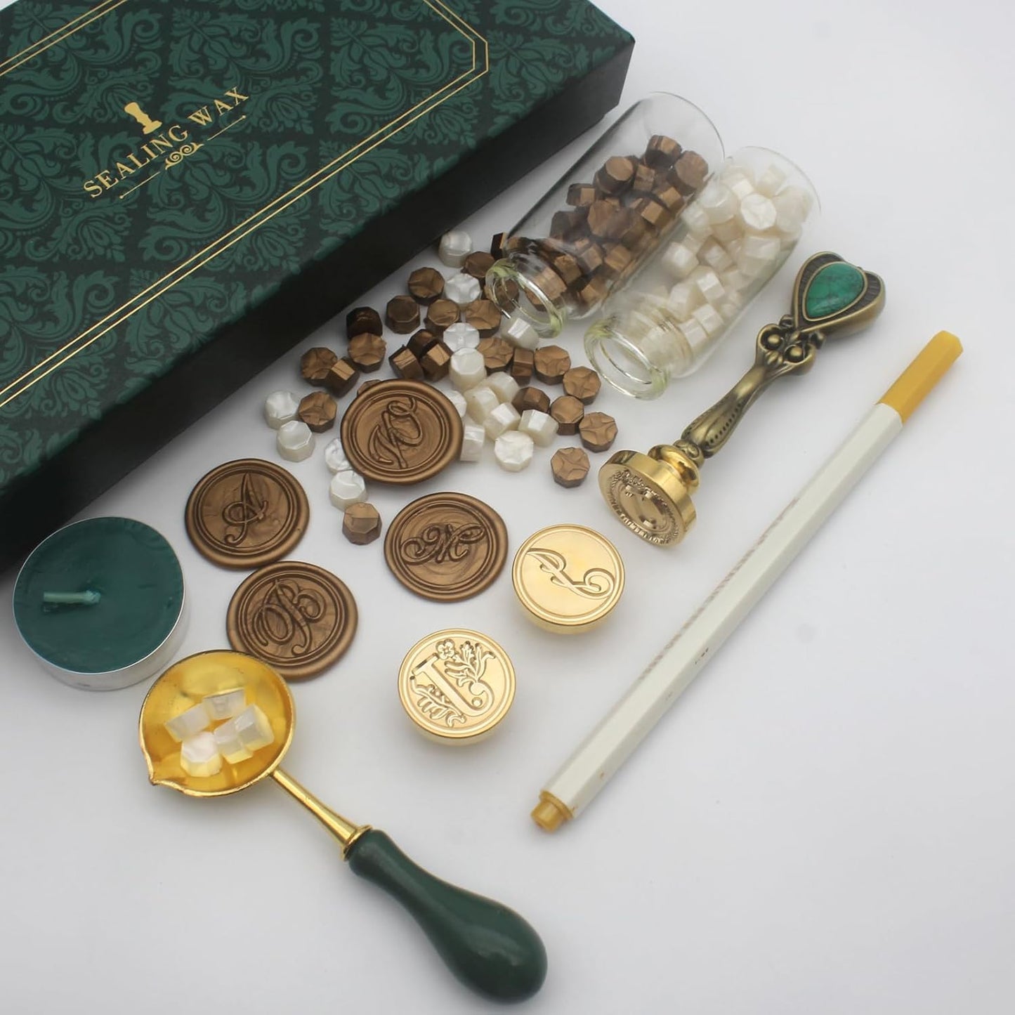 Letter Wax Seal Stamp Kit, Andotopee Wax Seal Kit Initial Alphabet J Sealing Wax Stamp Head 3pcs, Vintage Wax Stamp Seal Kit with Wax Seal Beads, Wax Seal Warmer Tools, Wax Seal Pen, Gift Box Set