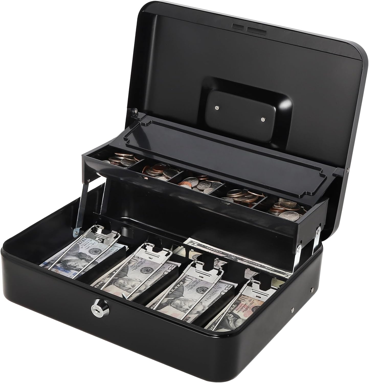Jssmst Locking Cash Box with Money Tray and Lock, Money Lock Box with Coin Lid, 11.8L x 9.5W x 3.5H Inches, Safe Money Box with Key Lock, Black, SM-CB0511B