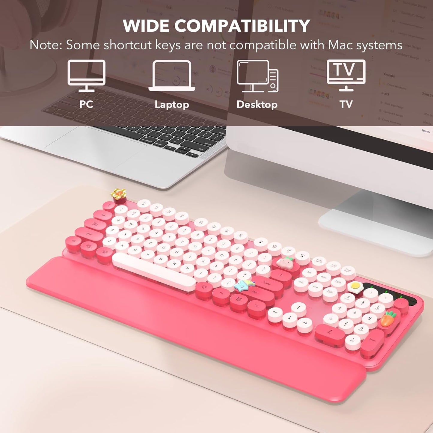 Wireless Keyboard, Round Keycaps, Retro Typewriter Keyboard with Detachable Wrist Rest, Sleep Mode, Foldable Legs, 2.4GHz Full-size Cordless Computer Keyboard for Windows/PC/Laptop (Colorful-Pink)