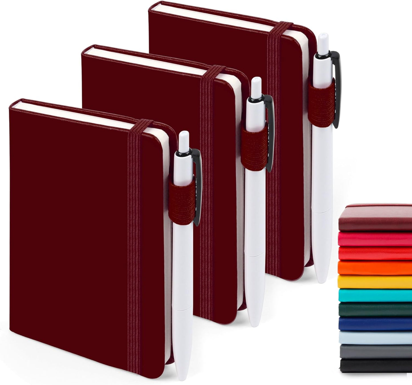 feela 3 Pack Pocket Notebook Journals with 3 Black Pens, A6 Mini Cute Small Journal Notebook Bulk Hardcover College Ruled Notepad with Pen Holder for Office School Supplies, 3.5”x 5.5”, Wine