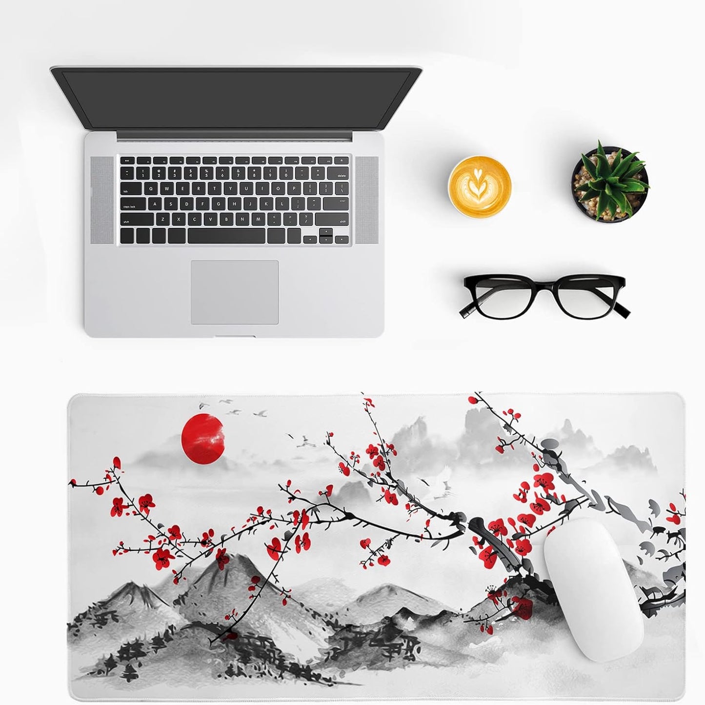 Japanese Cherry Blossom Gaming Mouse Pad 27.6x11.8 Inch Pink Full Desk Sakura Large Non-Slip Rubber Base Waterproof Big Keyboard Mat With Stitched Edges for Office