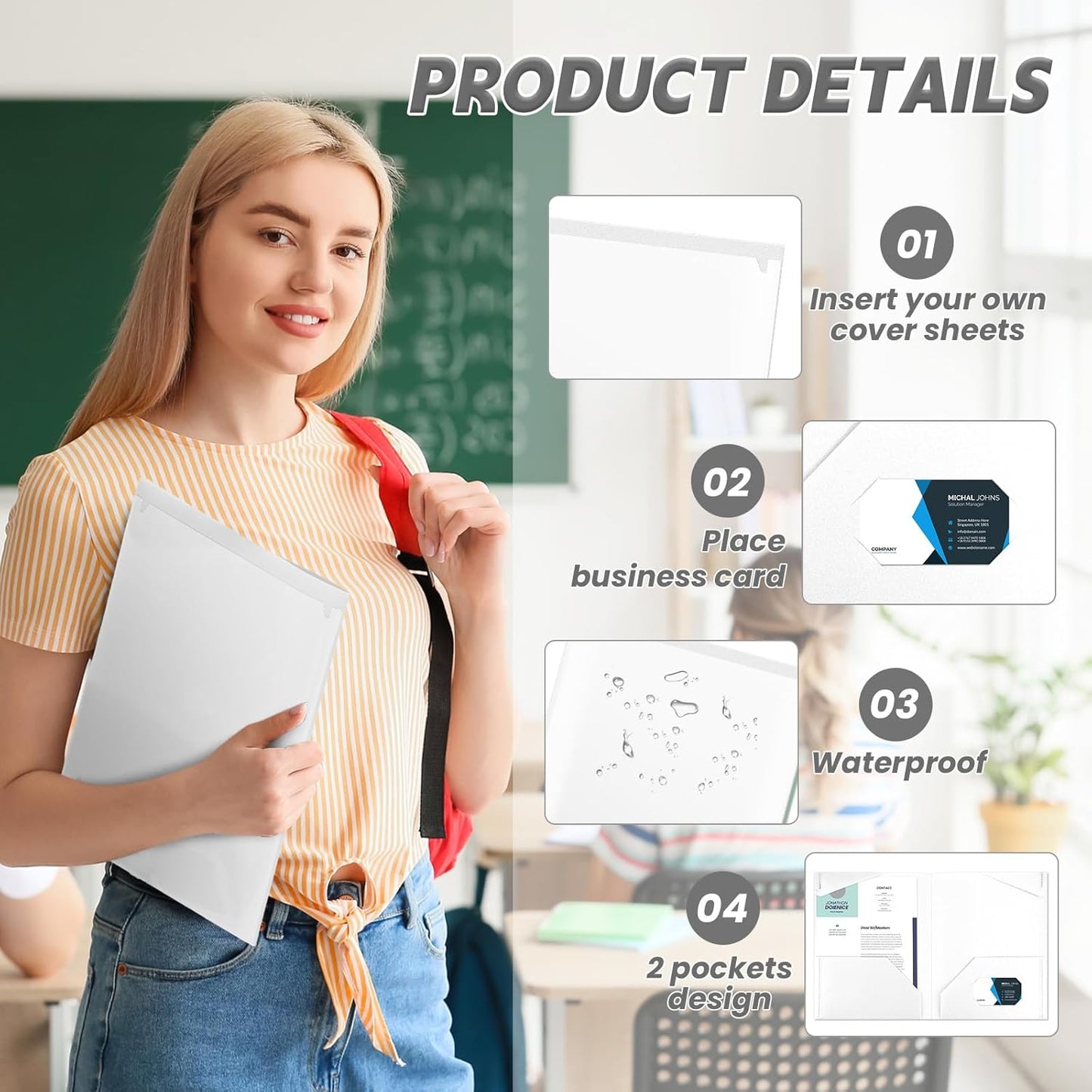 Henoyso 100 Pcs Plastic Folders with Clear Front Pockets Bulk Heavy Duty File Folders with 2 Pockets and Card Slot for Student Teacher Back to School Supplies Office Presentation (White)