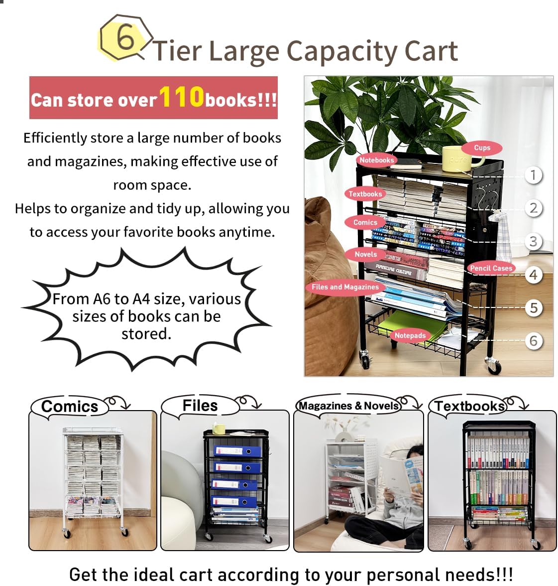 Lumizone Foldable Book Cart 6-Tier Large Capacity Bookshelf Single Sided V-Shaped Sloped Shelves With brake Wheels With PegBoard Slim Rolling Utility Cart Storage Rack, Home Shelves and Office (Black)