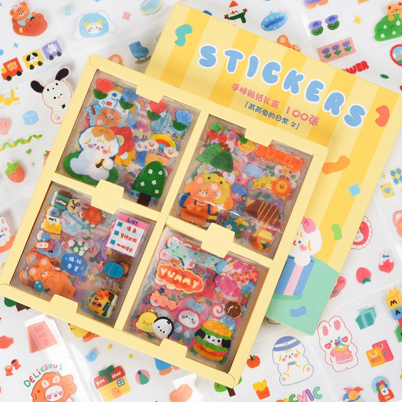 Kawaii Cartoon Bear Journaling Stickers - 100 Sheets Cute Rabbit Animal Transparent PET Scrapbooking Clipping Supplies Calendar Decals Sticker for Planners Collage Junk Journal DIY Arts Crafts