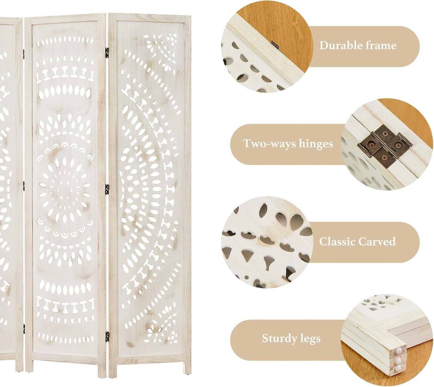 66.9Inch Folding Room Divider, 6 Panels Wood Carved Privacy Screens, Free Assembled Freestanding Partition for Home Office Restaurant Bedroom (White-Washed)