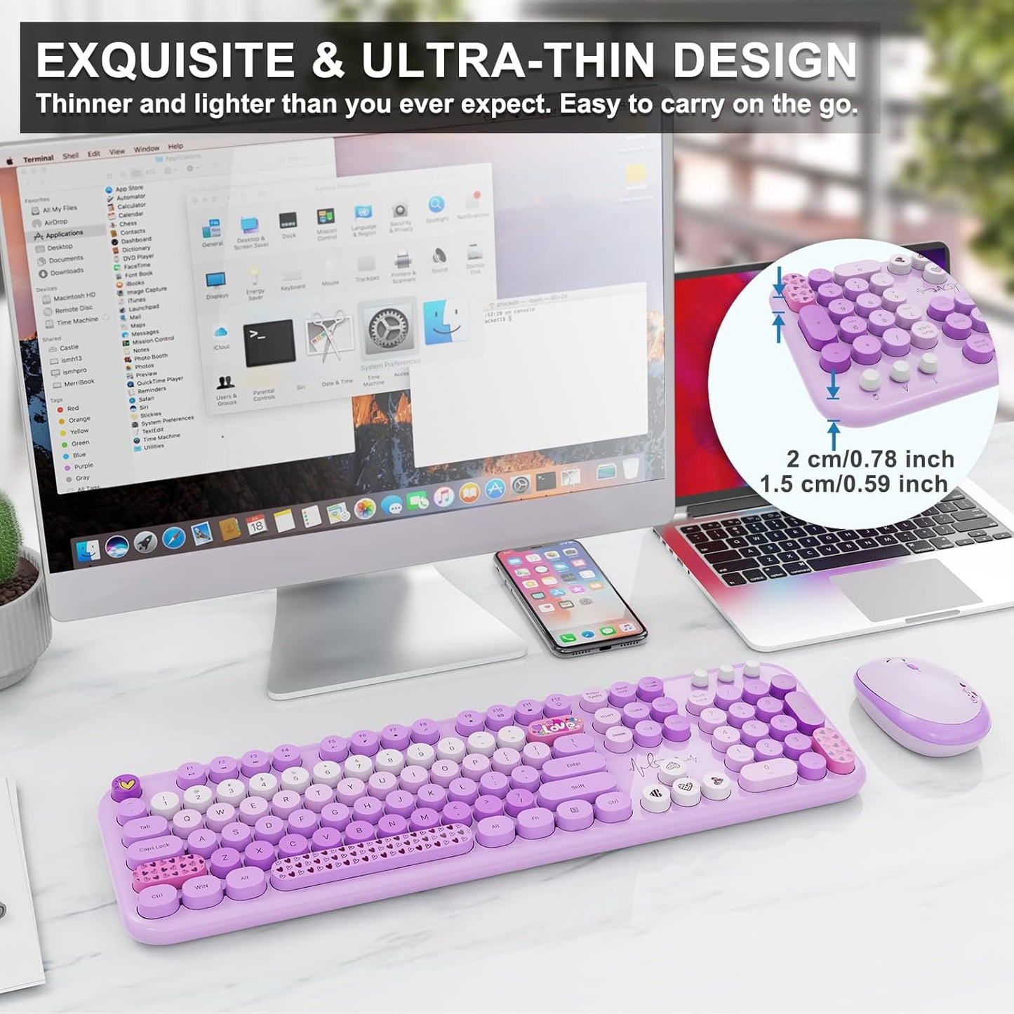Wireless Keyboard and Mouse Set, 104 Round Keys Full-Size Cute Colorful Keyboard and Mouse with Retro Typewriter for PC/Mac/Laptop/Tablet/Computer/Windows Purple