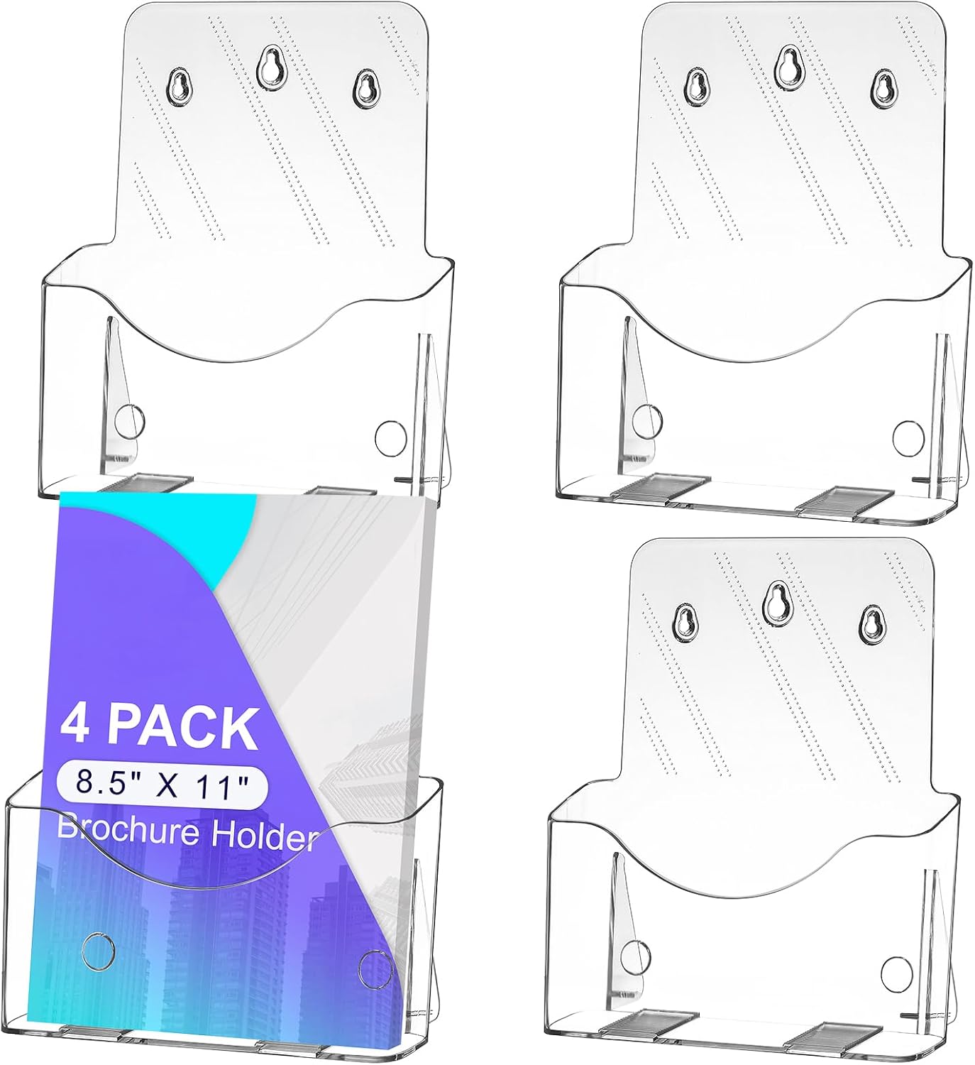 4 Pack Brochure Holder 8.5” x 11”, Acrylic Literature Holder, Plastic Clear Rack Card Display Trifold Brochures Stand Flyer Holder Pamphlet Display Stand, Wall Mount/Countertop