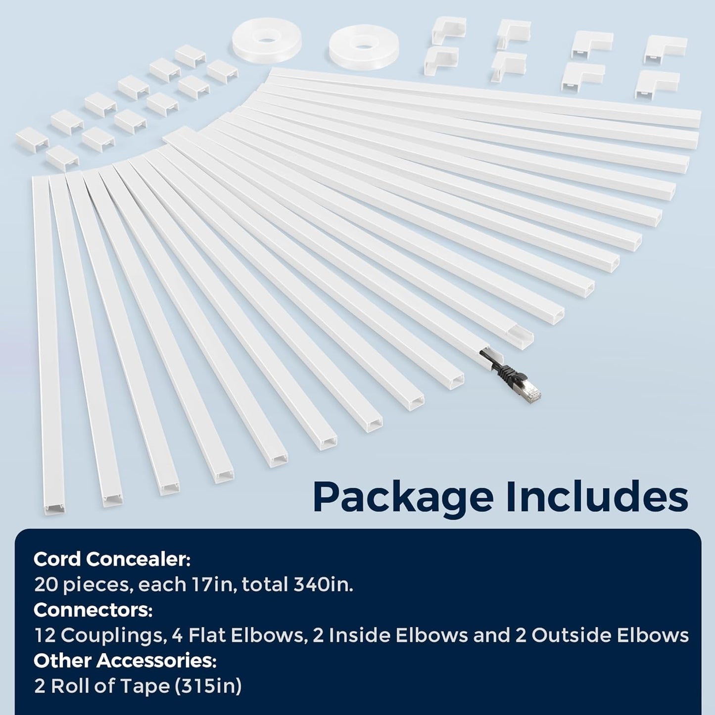 340in Cord Covers for Wires on Wall, One-Cord Wire Covers for Cords, Small White Cord Hider Wall, LZEOY Cable Raceway Wire Hider for Cords, Paintable Cable Concealer - 20x L17 W0.59in H0.4in