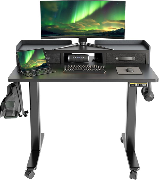 Claiks Standing Desk with Drawers, Adjustable Stand Up Electric Small Standing Desk Adjustable Height with Storage Shelf and Splice Board, 40 Inch, Black