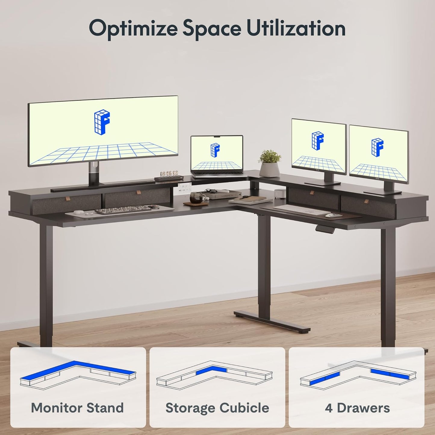 FLEXISPOT 63" L Shaped Standing Desk Electric Corner Table with Monitor Shelf, 4 Storage Drawers, Adjustable Computer Workstation for Home, Office, Game, Studio, Black Top + Black Frame