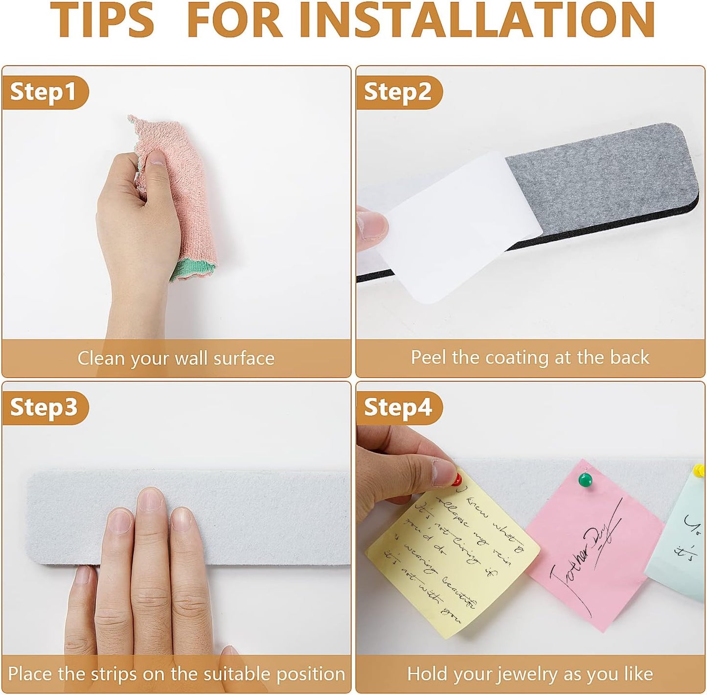 5 Pack Felt Pin Board Bar Strips Bulletin Board for Bedrooms Offices Home Wall Decoration, Notice Board Self Adhesive Cork Board with 35 Push Pins for Paste Notes, Photos, Schedules (White)