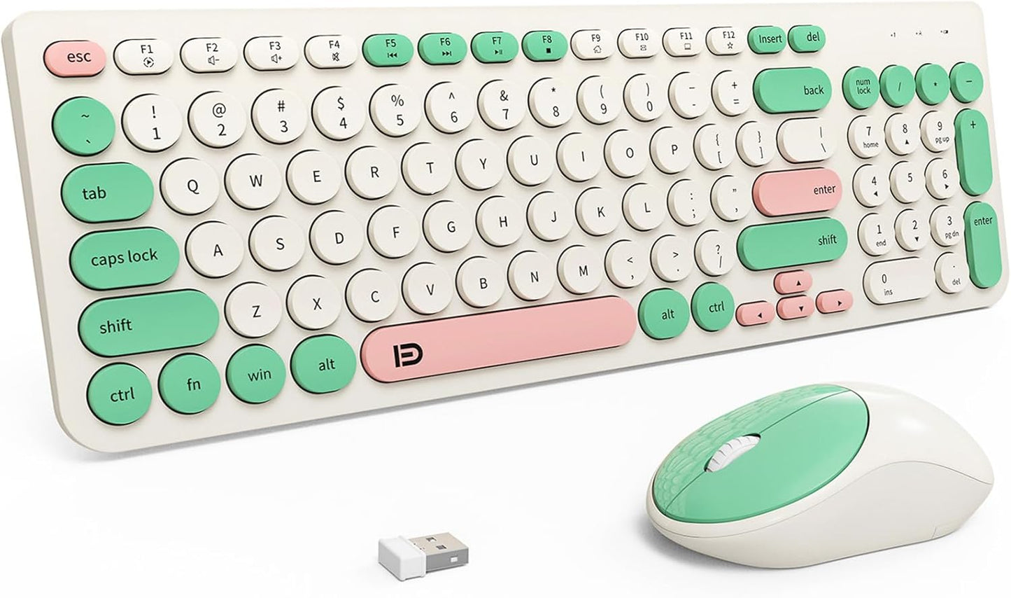FD Wireless Keyboards and Mouse Combo - 2.4GHz USB Cordless, Cute Wireless Keyboard Round Keys, Quiet and Slim Set for Laptop, Computer, TV and Mac - Milky White Green Colorful