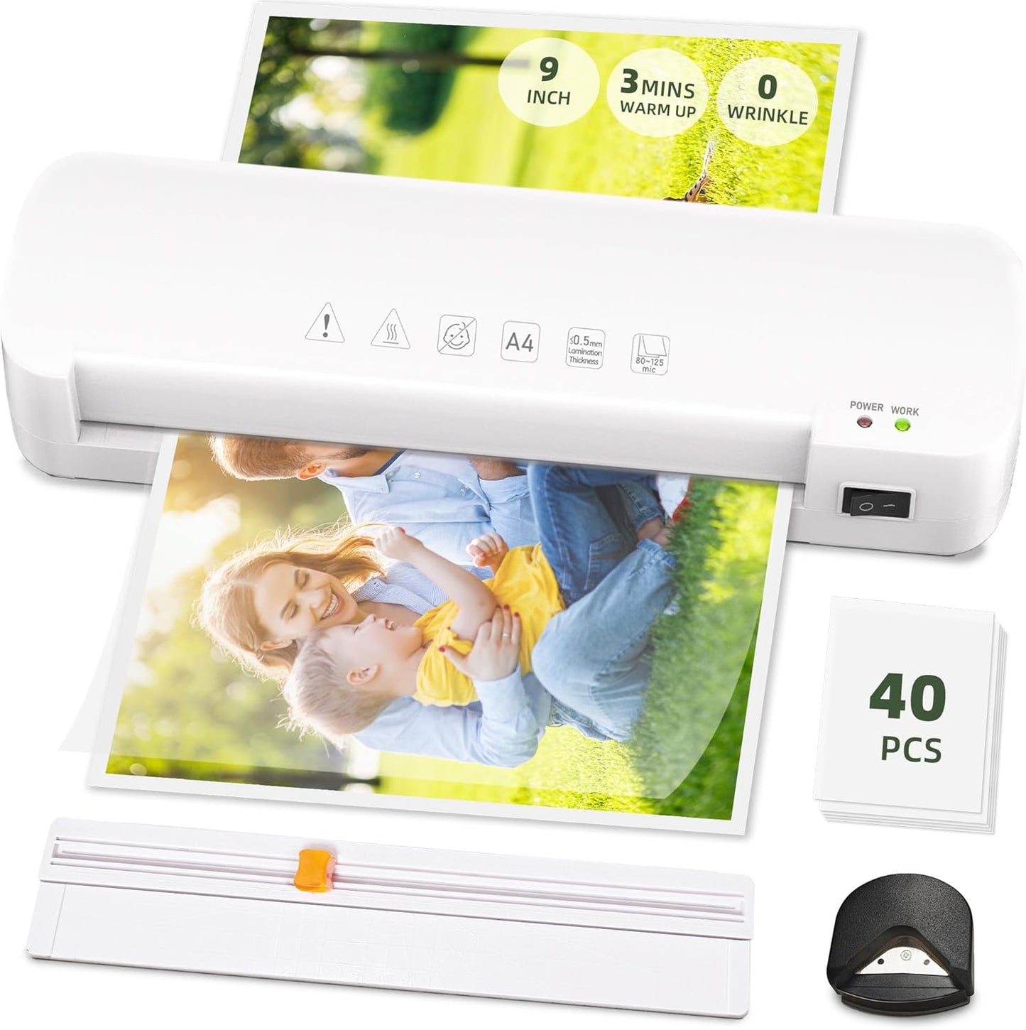 Laminator Machine with 40 Laminating Sheets, Thermal Laminator with Paper Trimmer & Corner Rounder, Laminating Kit for Home Office School and Class, White