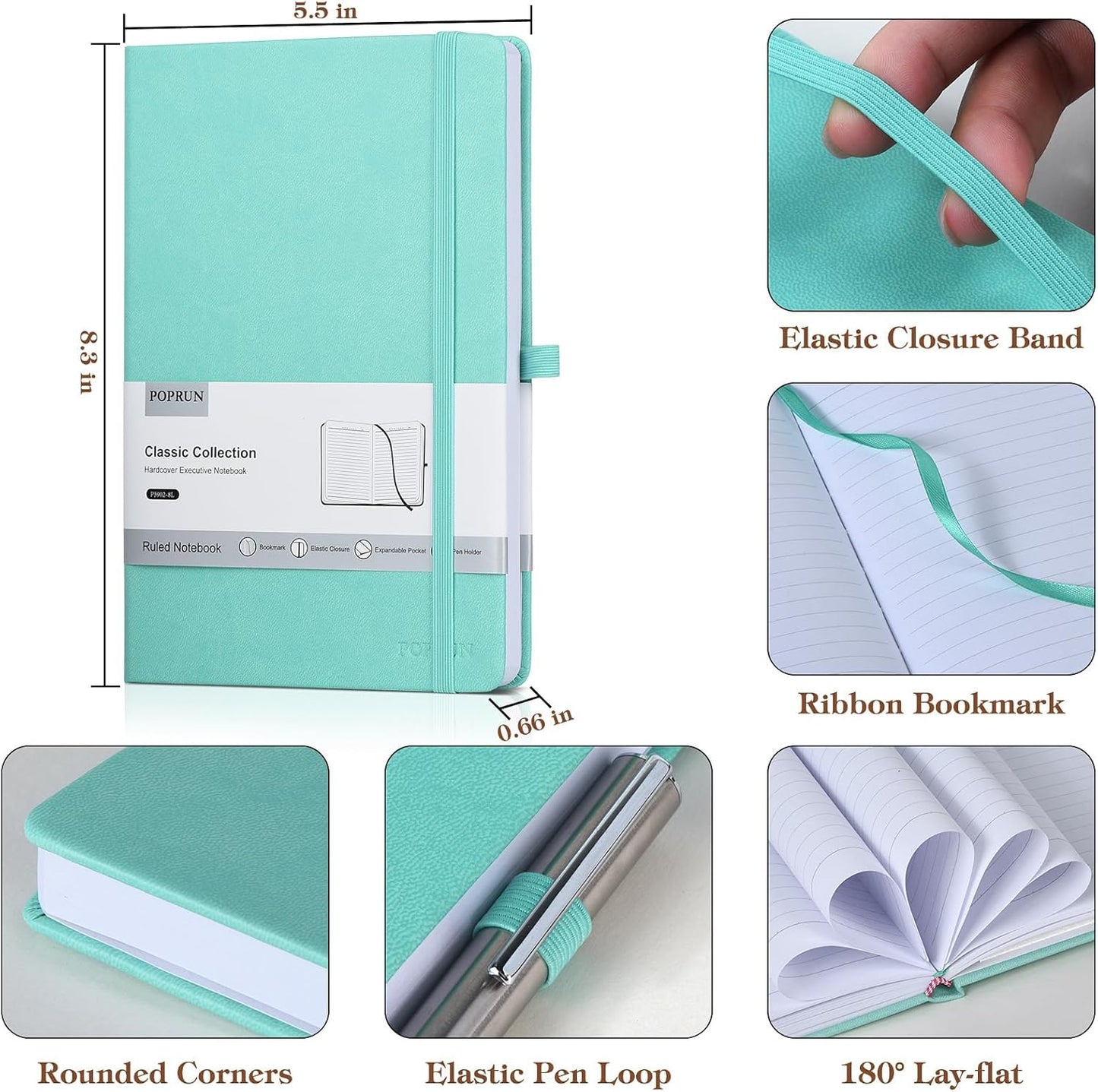 POPRUN A5 Lined Journal Notebooks, Leather Hardcover Thick Notebook for Writing, Business Work, Travel, School, College, Christmas, 5.5 x 8.3 inch, 240 Pages Classic Ruled Journals Notepad, Green