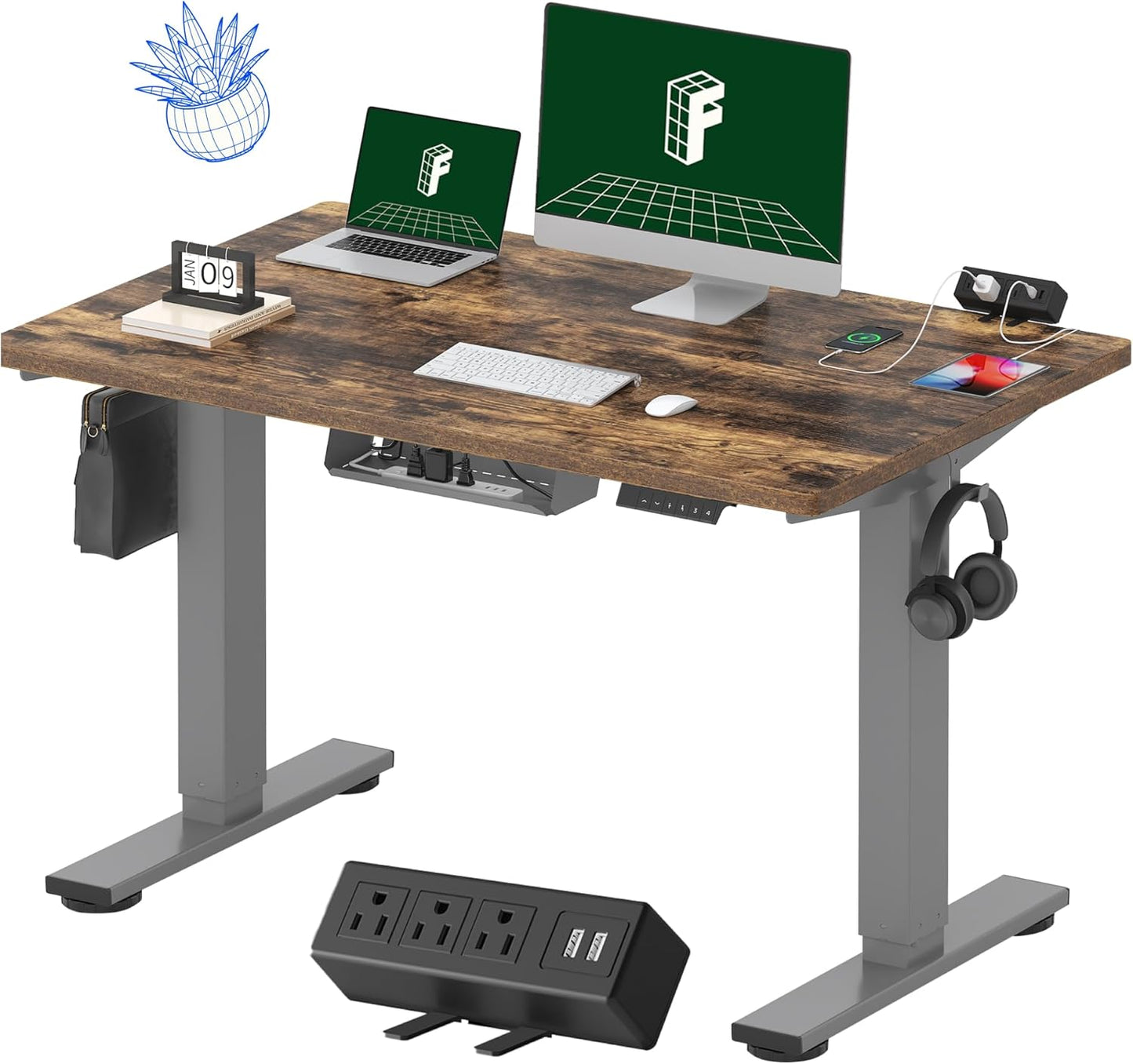 FLEXISPOT EN2 Whole-Piece Standing Desk with Clamp Power Strip, 48 x 30 Electric Stand Up Height Adjustable Desk with Cable Management (Gray Frame + 48" Rustic Brown Desktop, 2 Packages)
