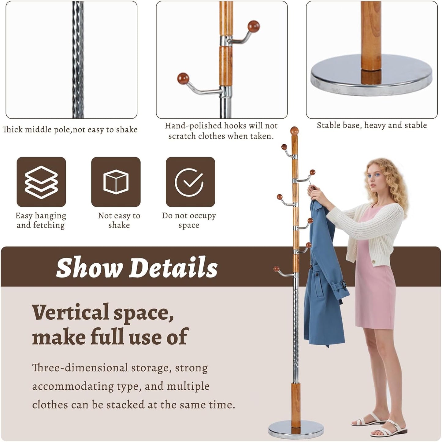 Wooden Coat Rack Freestanding with Resin Hooks, Adjustable Heavy Duty Stand for Hanging Coats, Bags, Hats, and Umbrellas in Living Room, Bedroom, Entryway (Walnut color-metal)