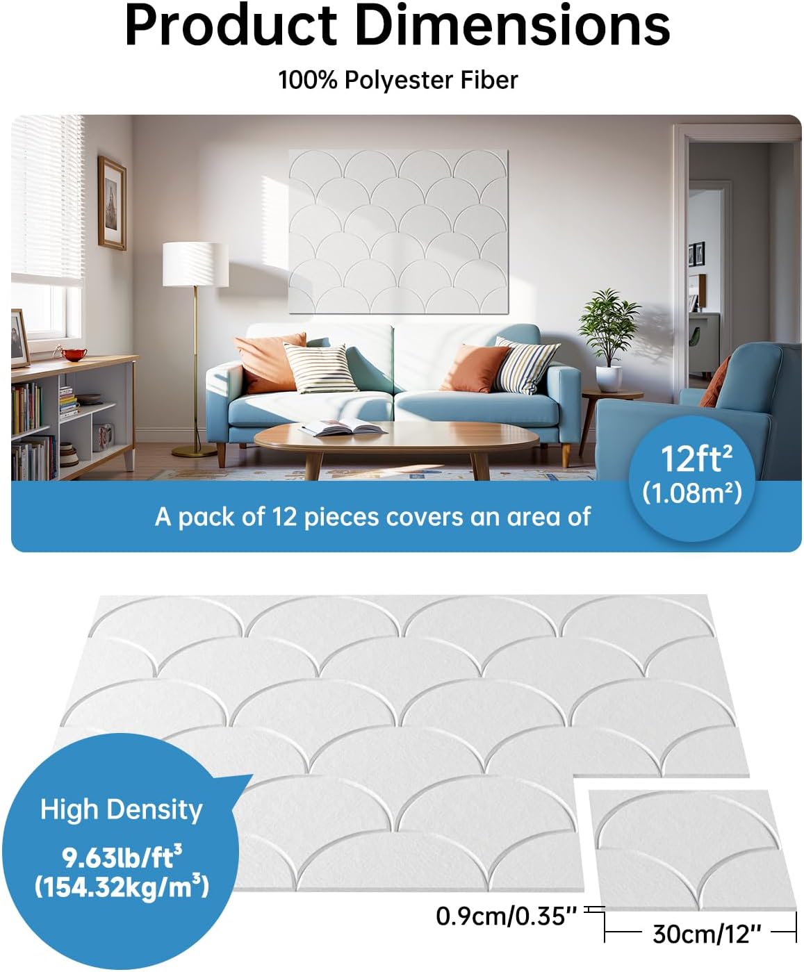 Soundsbay 12-Pack Acoustic Panels Self-Adhesive, 10.6lb/ft³ High Density Soundproof Wall Panels, 12" X 12" Acoustic Wall Panels for Door, Ceiling, Home Office, White