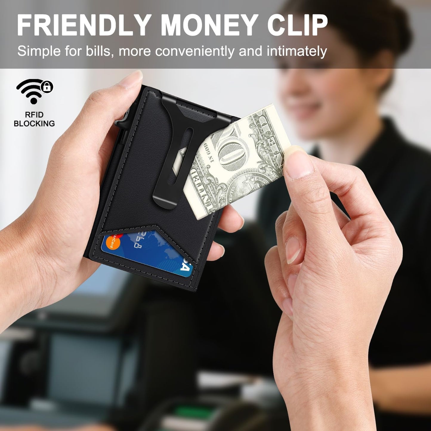 Wallet for Men, RFID Wallet with Money Clip & ID Window, Minimalist Pop Up Credit Card Case Holder 10-12 Cards, Bifold Slim Smart Wallet for Front Pocket, Compact Metal Wallets, Gifts for Men, Black