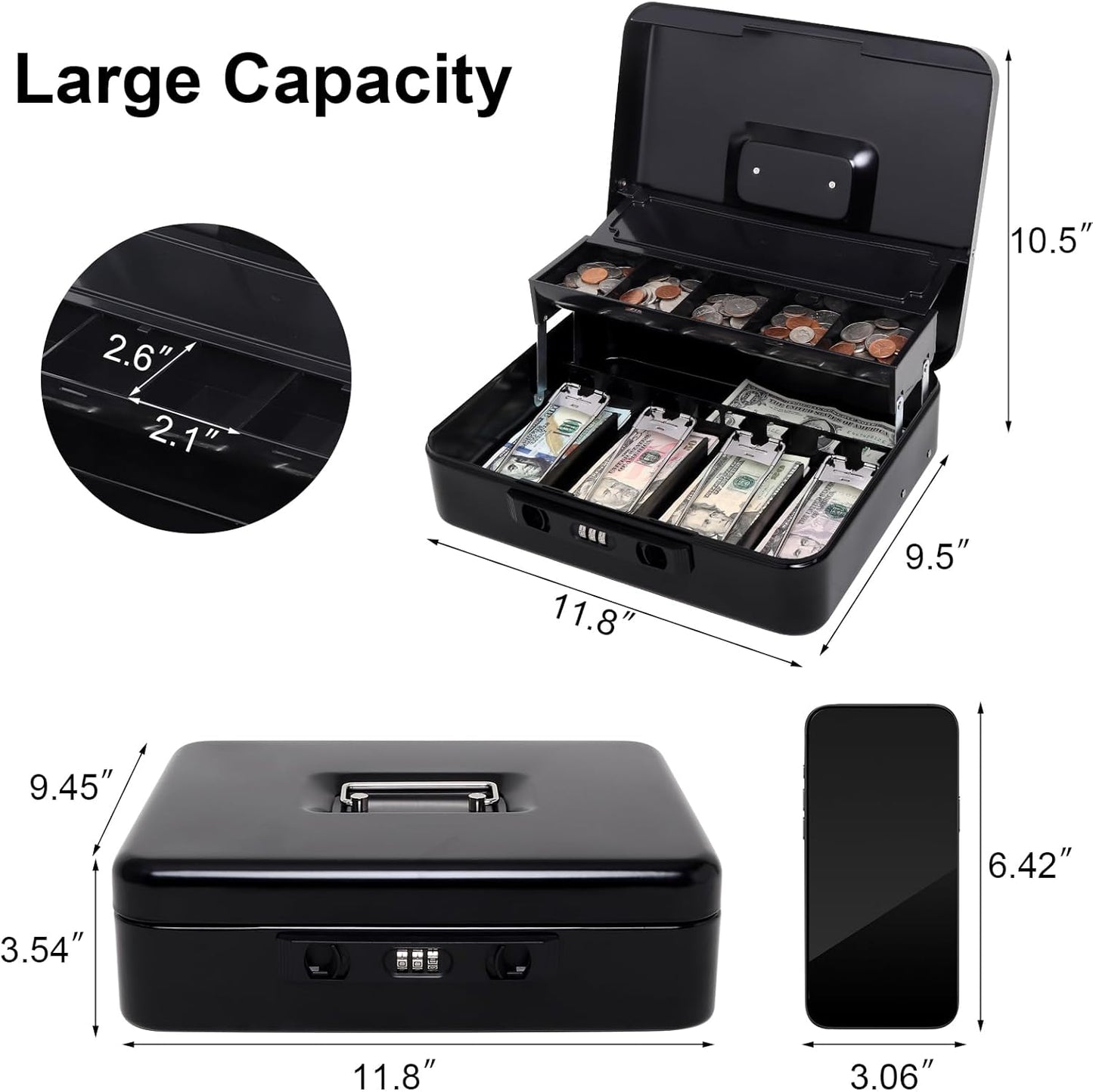 Jssmst Locking Cash Box with Coin Lid, 11.8L x 9.5W x 3.5H Inches, Latch Safe Money Box with Combination Lock, Black
