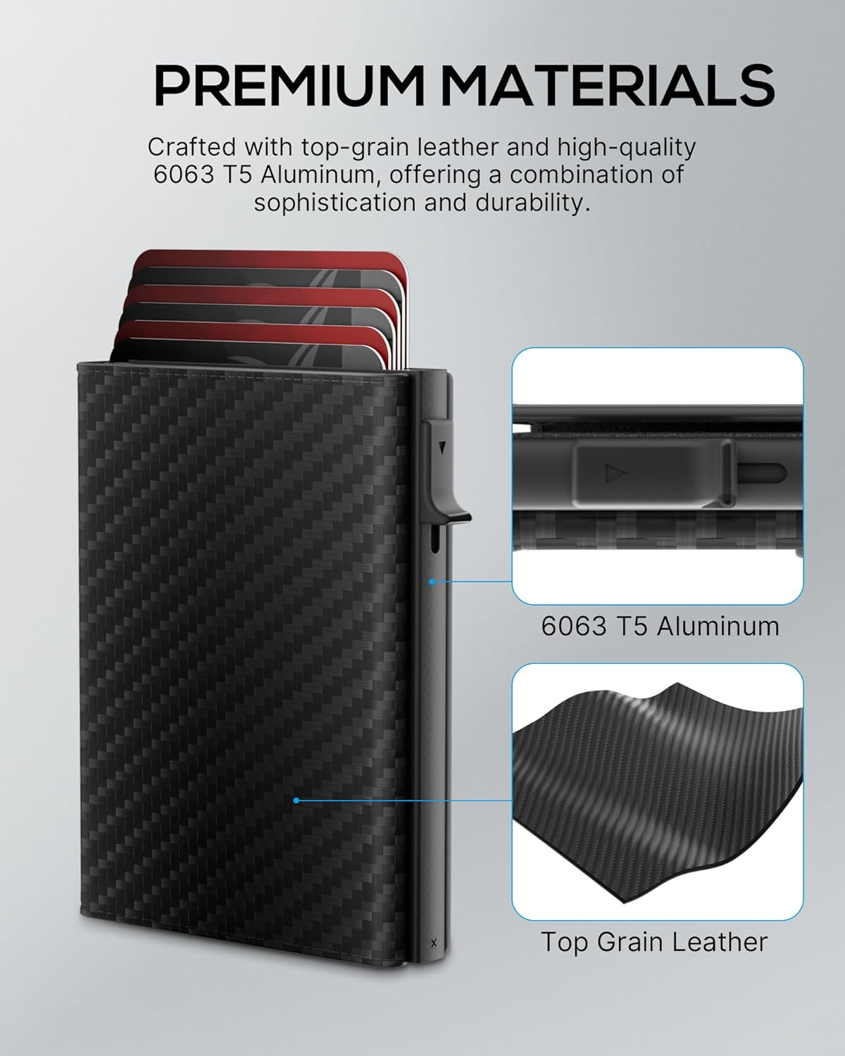 Mens Wallet Card Holder - Smart Wallet for Men, Pop Up Card Case, Top Grain Leather, RFID Blocking, Slim, Minimalist, Ultra-Thin, Front Pocket, 12 Card Capacity | ID Window | Cash Slot (Carbon Fiber)
