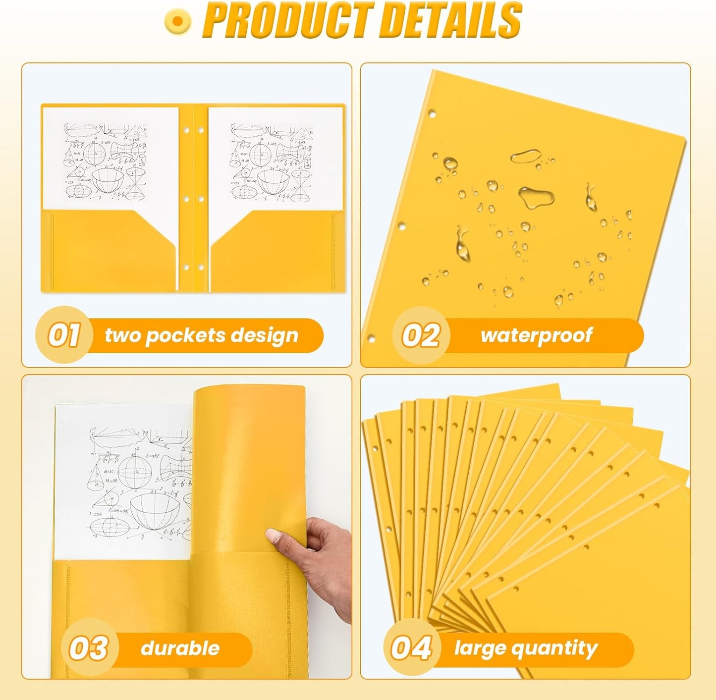 Yeaqee 50 Pcs Plastic Folders with Pockets Bulk 3 Hole Punched 2 Pocket File Folders for 3 Ring Binder Divider Folder for Notebooks, Durable Poly for Office Home (Yellow)