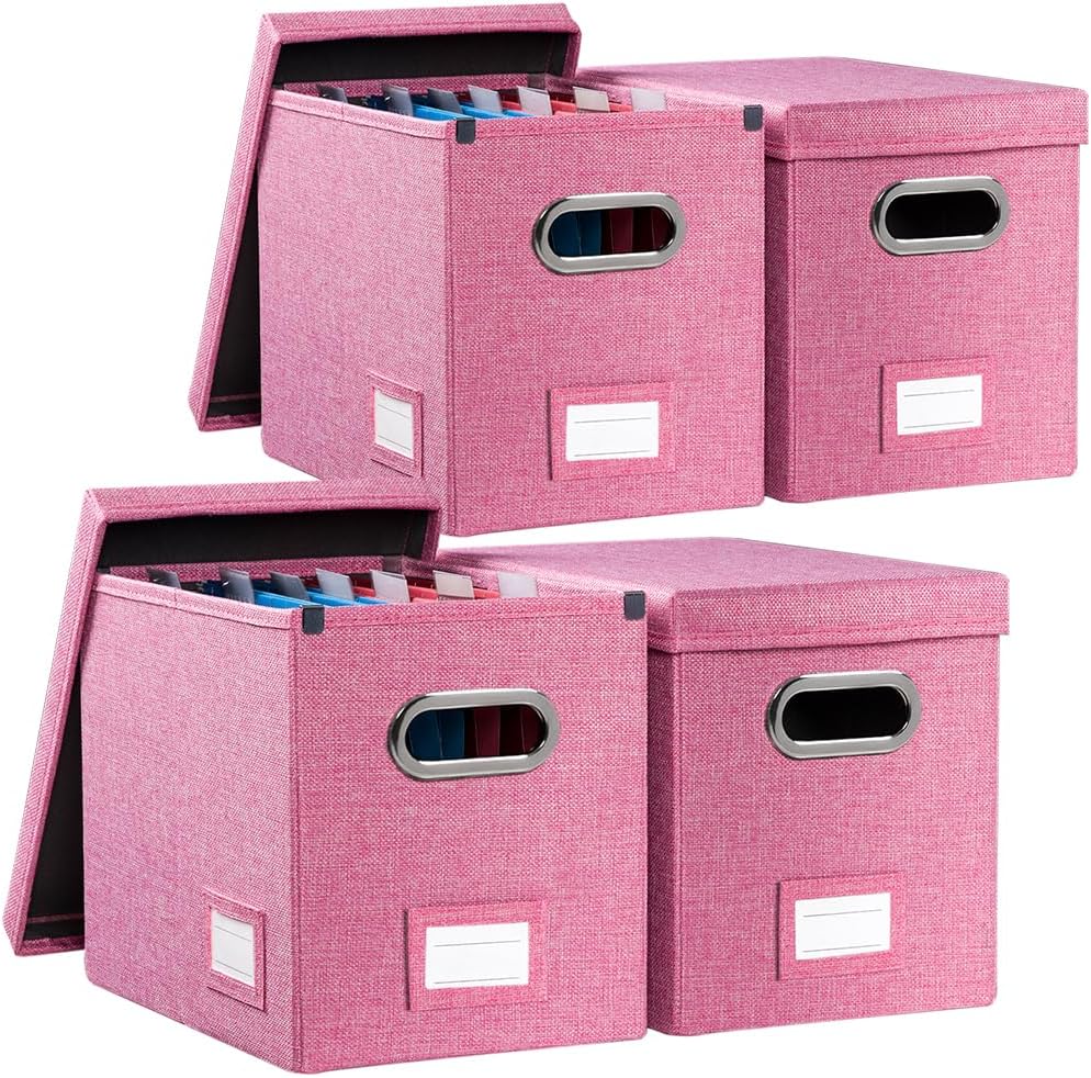 PRANDOM File Organizer Box - Set of 4 Collapsible Decorative Linen Filing Storage Hanging File Folders with Lids Office Cabinet Letter Size Pink (14x9.3x10.8 inch)